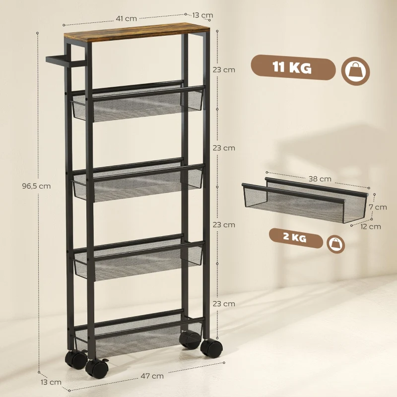 Kitchen Trolley 5-Tier with Worktop, Wheels & Handle - Black - Image 3