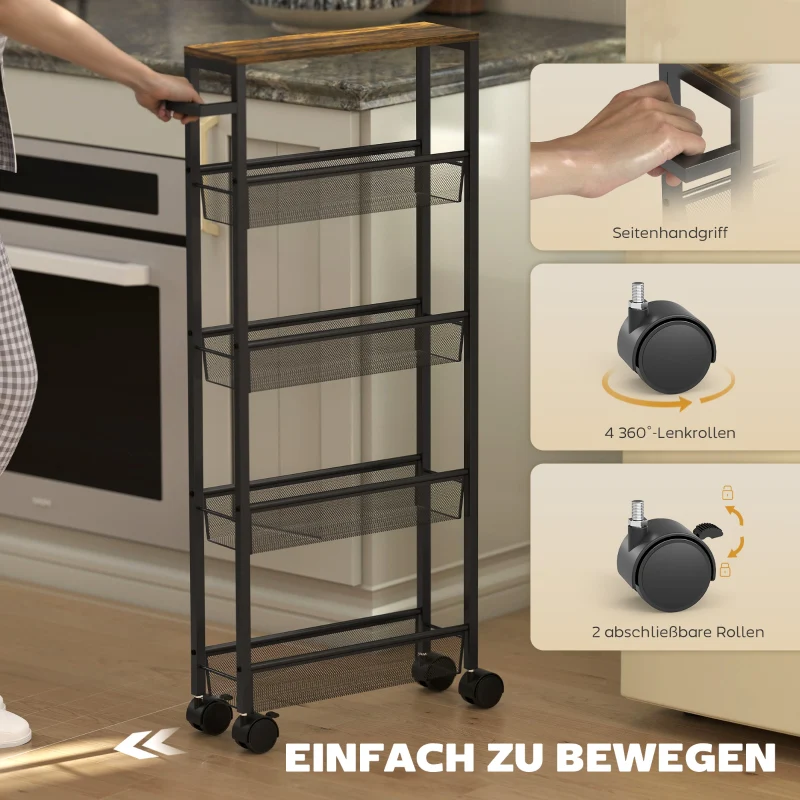 Kitchen Trolley 5-Tier with Worktop, Wheels & Handle - Black - Image 7