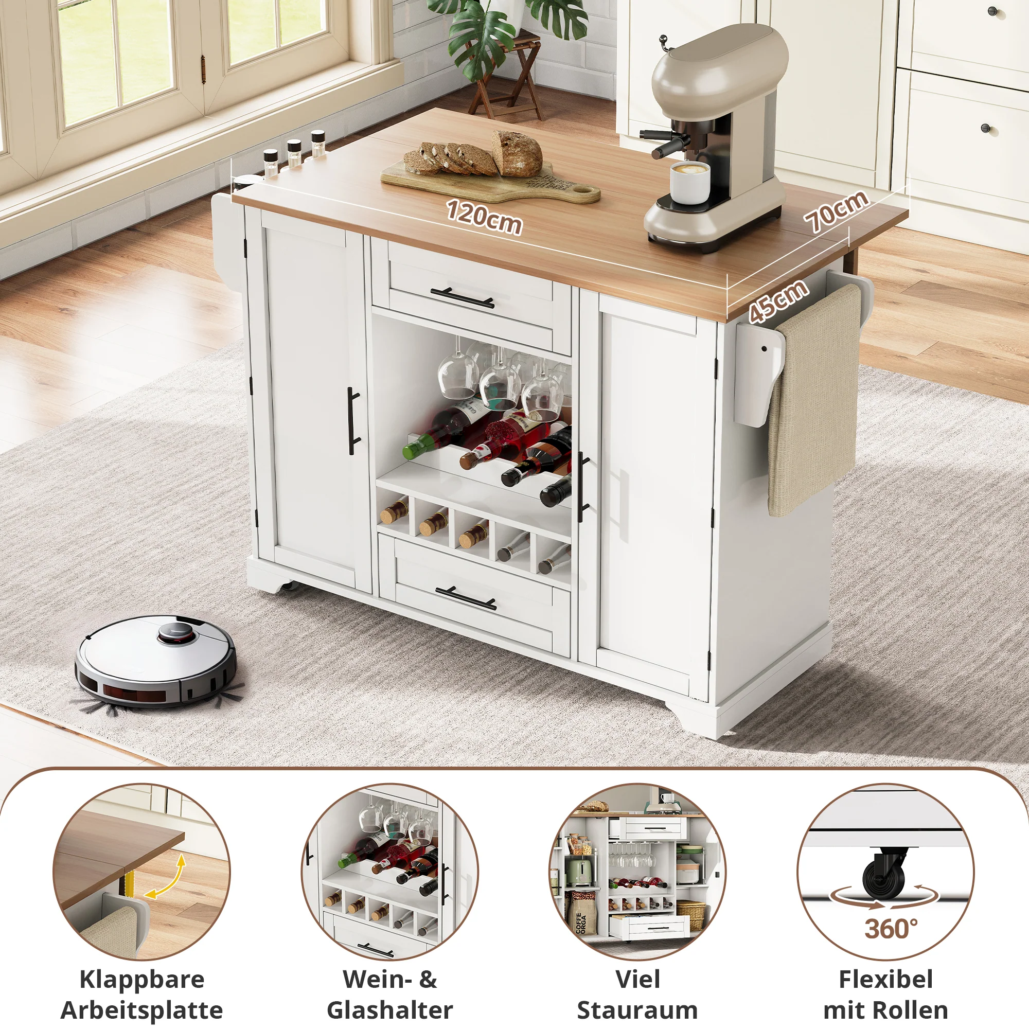 Kitchen Trolley Mobile Folding Worktop Wine Rack Storage - White - Image 2