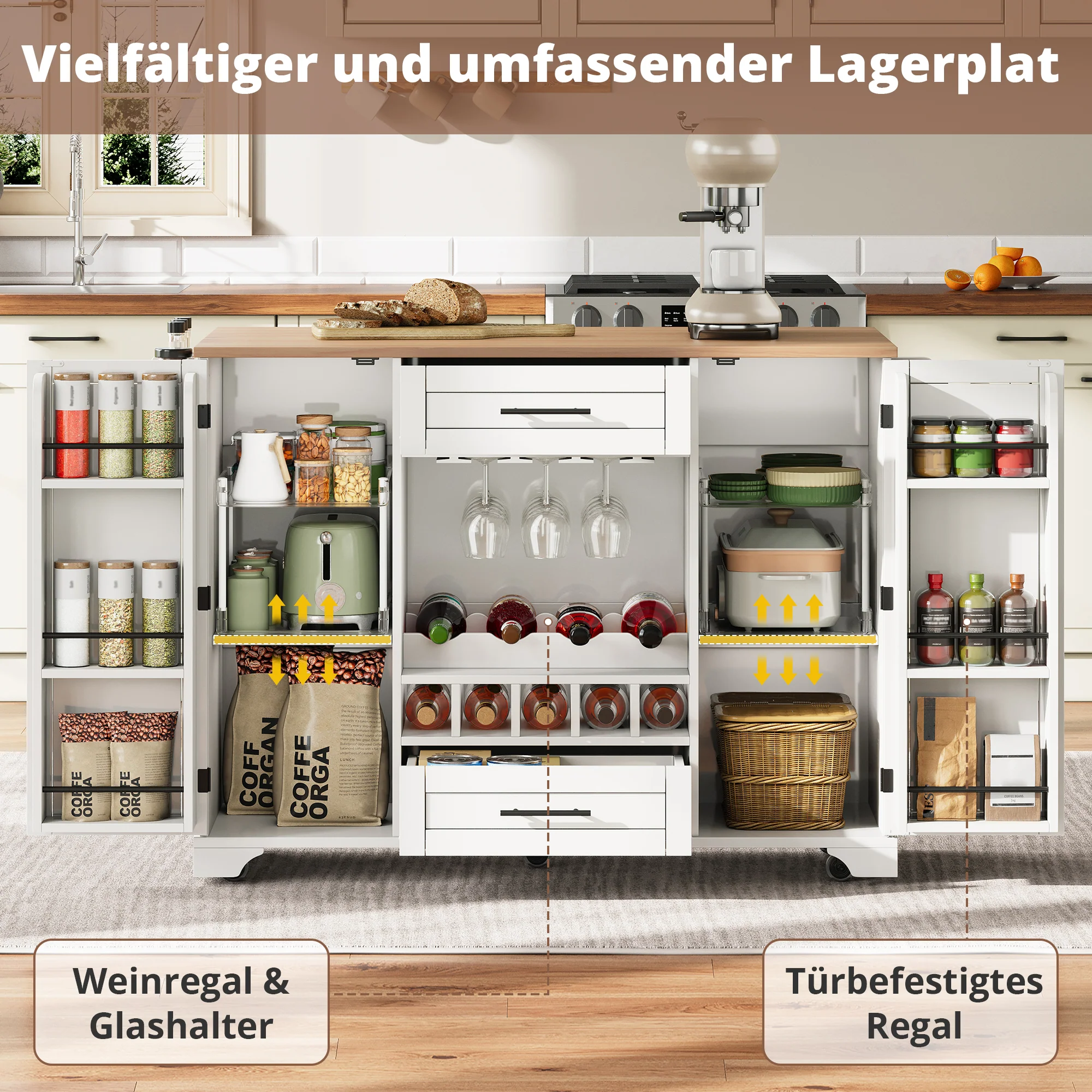 Kitchen Trolley Mobile Folding Worktop Wine Rack Storage - White - Image 3