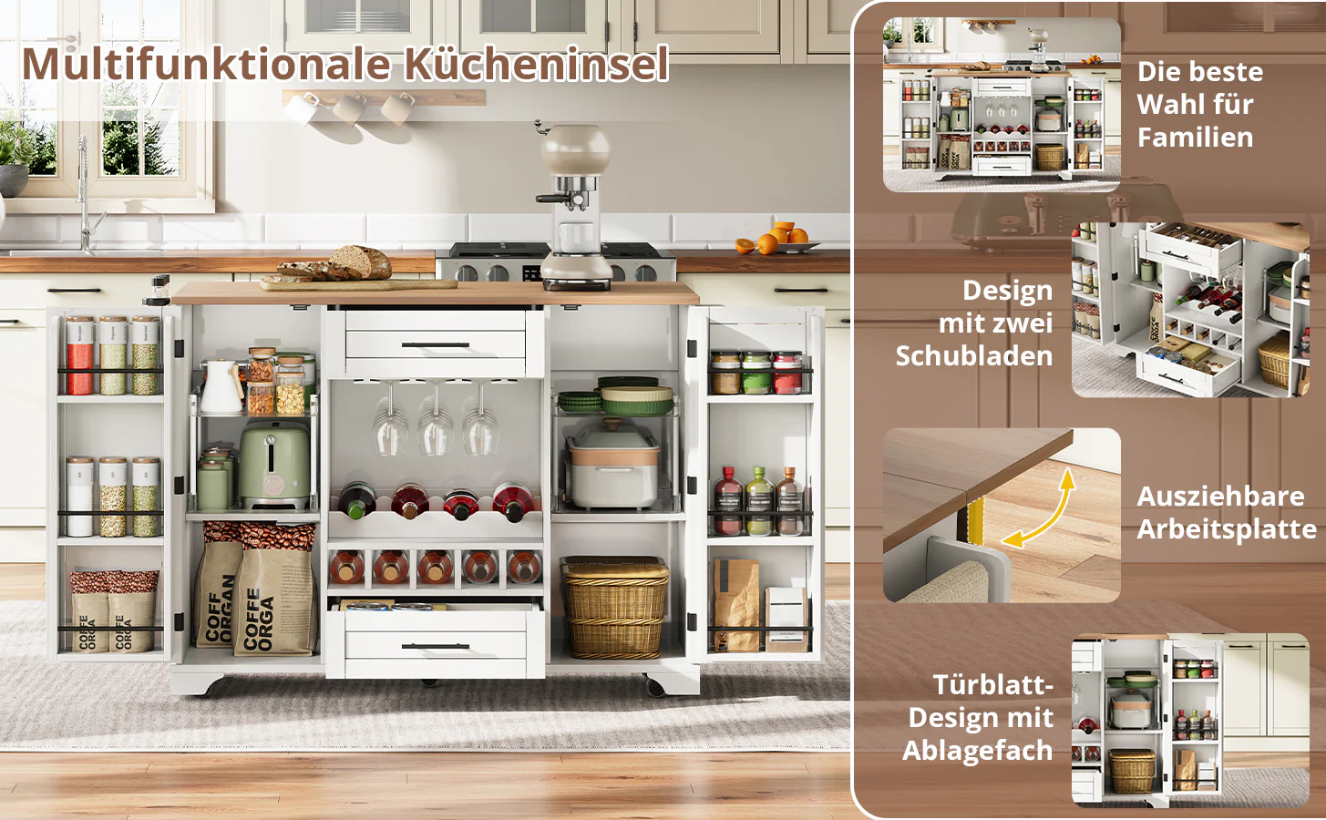 Kitchen Trolley Mobile Folding Worktop Wine Rack Storage - White - Image 4