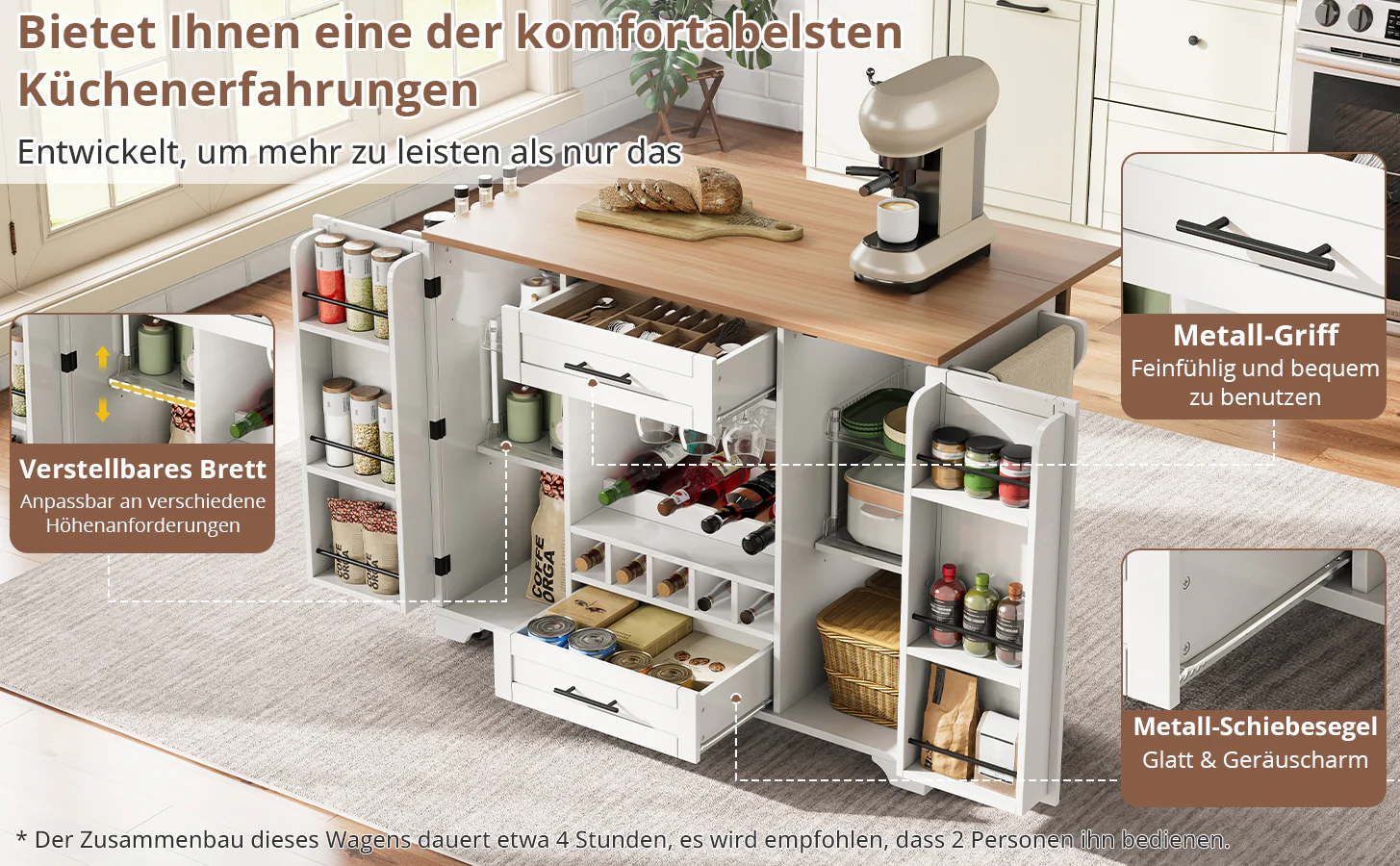 Kitchen Trolley Mobile Folding Worktop Wine Rack Storage - White - Image 6