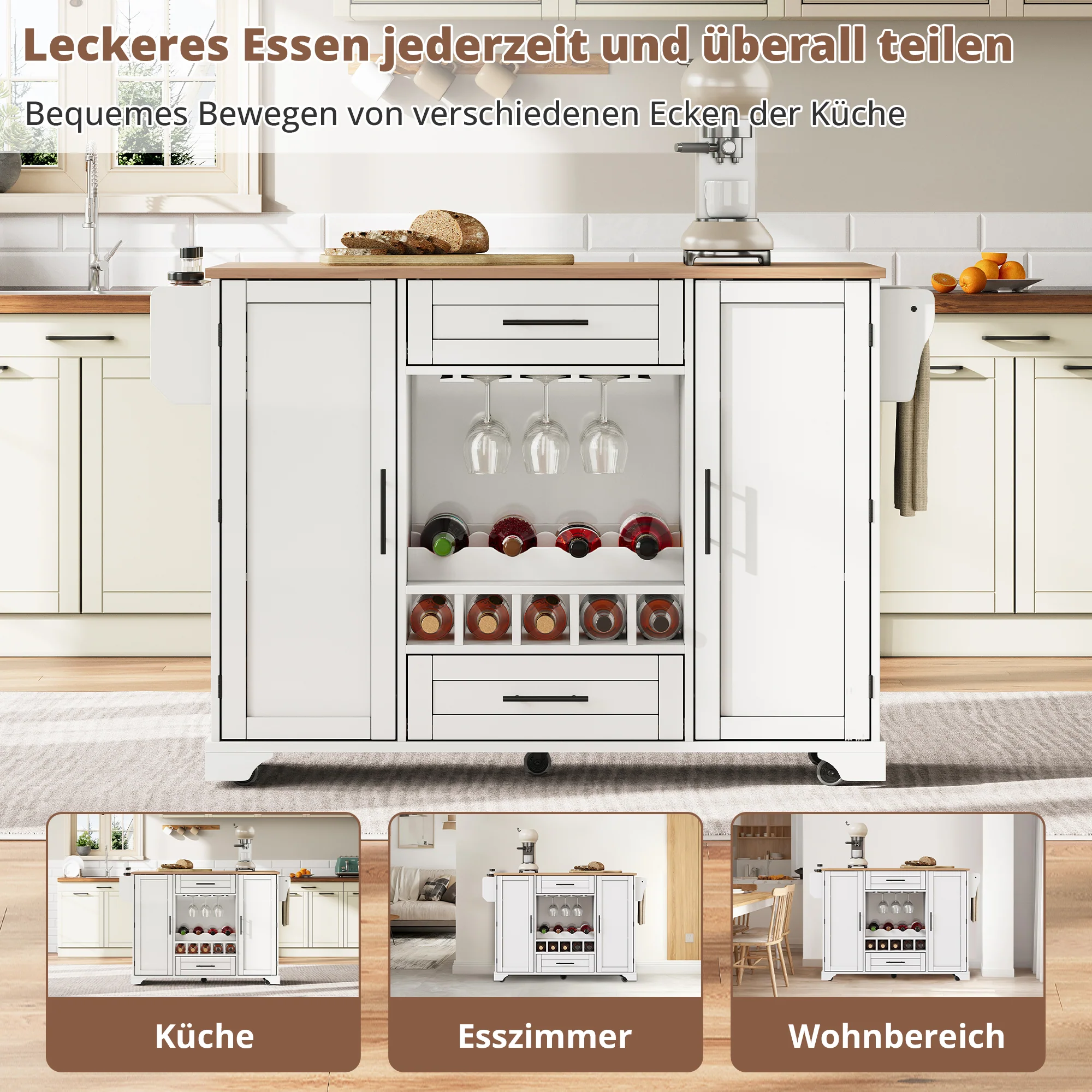 Kitchen Trolley Mobile Folding Worktop Wine Rack Storage - White - Image 7