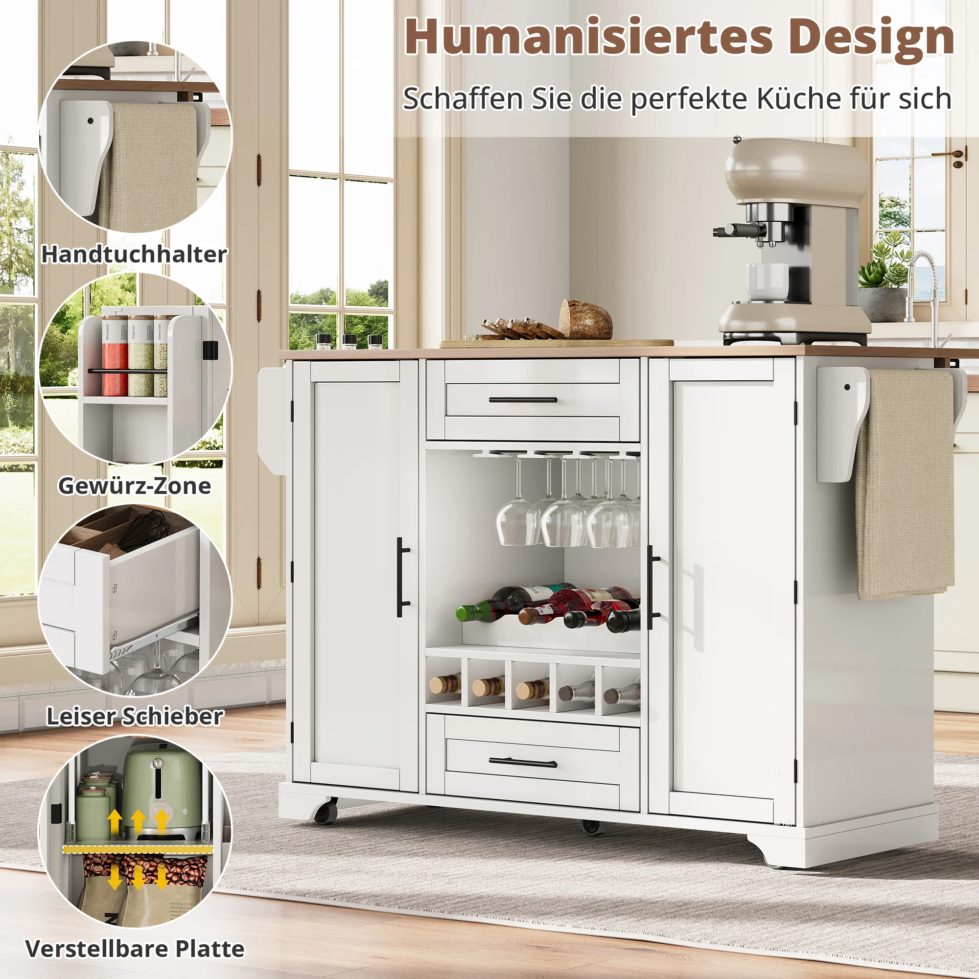 Kitchen Trolley Mobile Folding Worktop Wine Rack Storage - White - Image 9