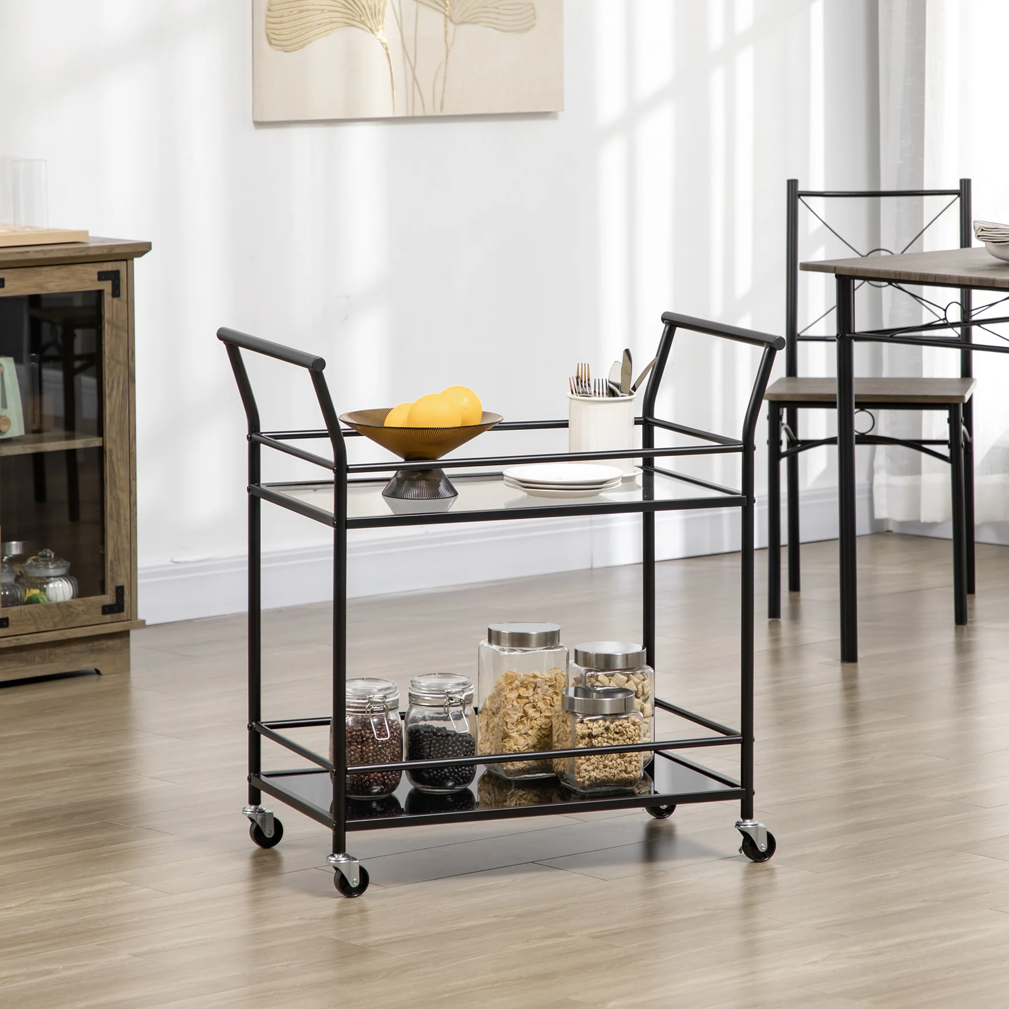 Kitchen Trolley Serving Cart with 2 Shelves and Wheels, Metal Black - Image 2
