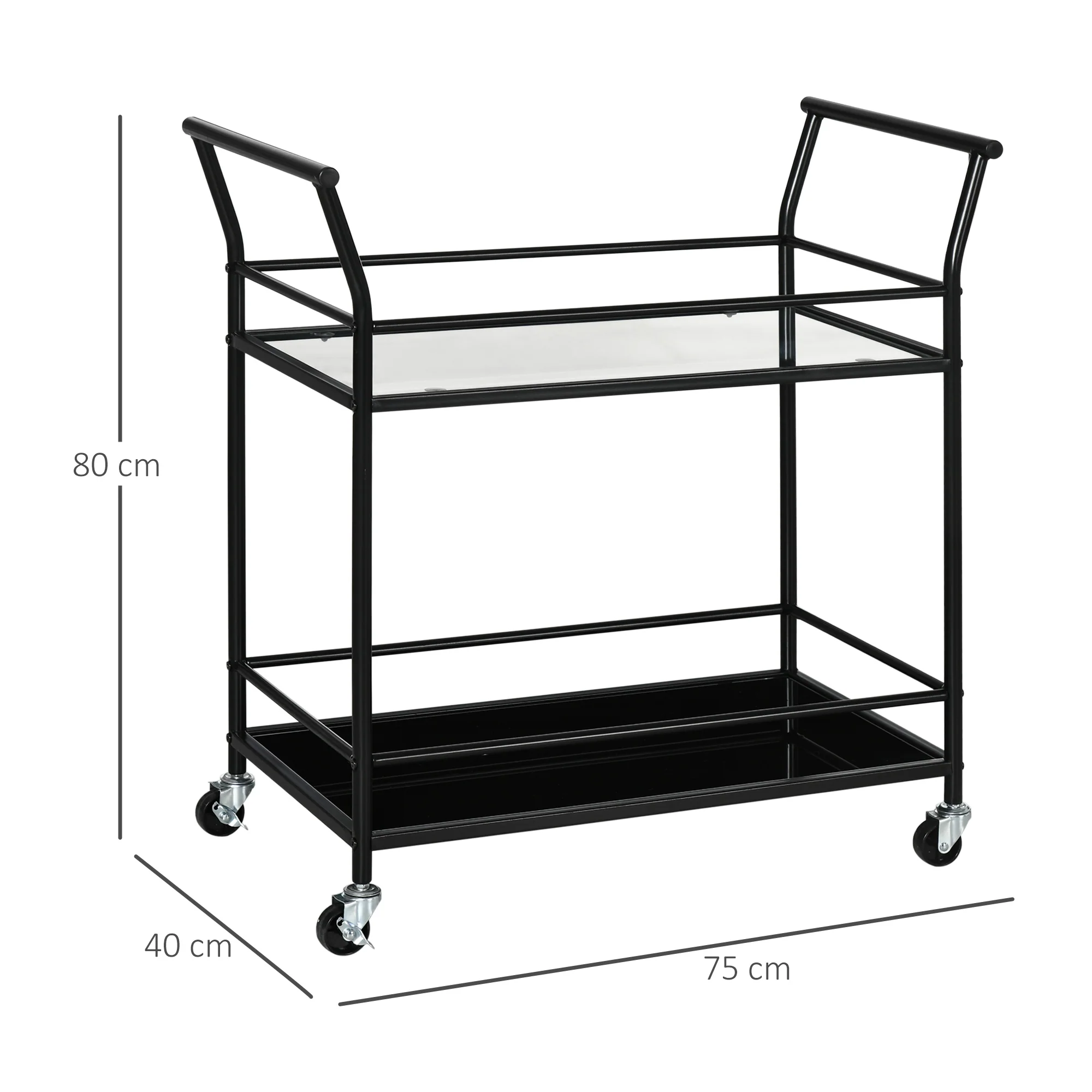 Kitchen Trolley Serving Cart with 2 Shelves and Wheels, Metal Black - Image 3