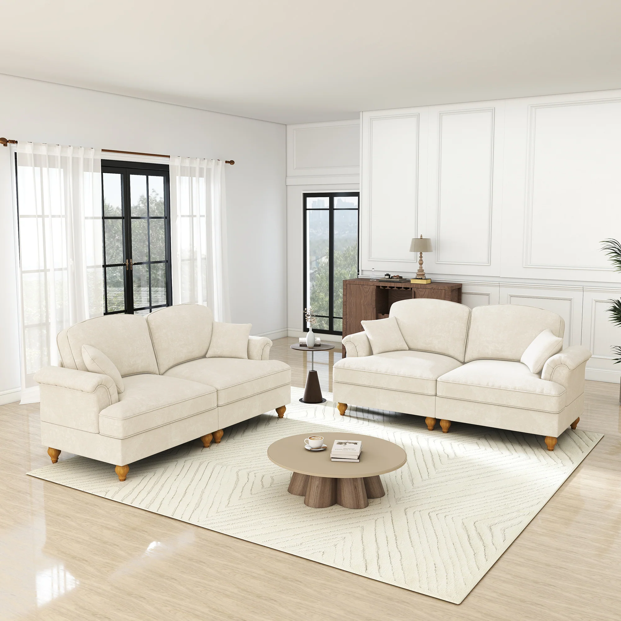 L-Shaped 2-Seater Sofa Mid-Century Chenille Movable Ottoman - White