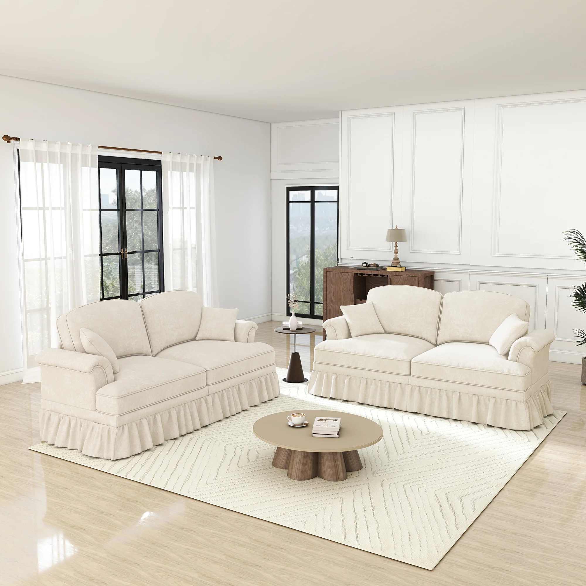 L-Shaped 2-Seater Sofa Mid-Century Chenille Movable Ottoman - White - Image 2