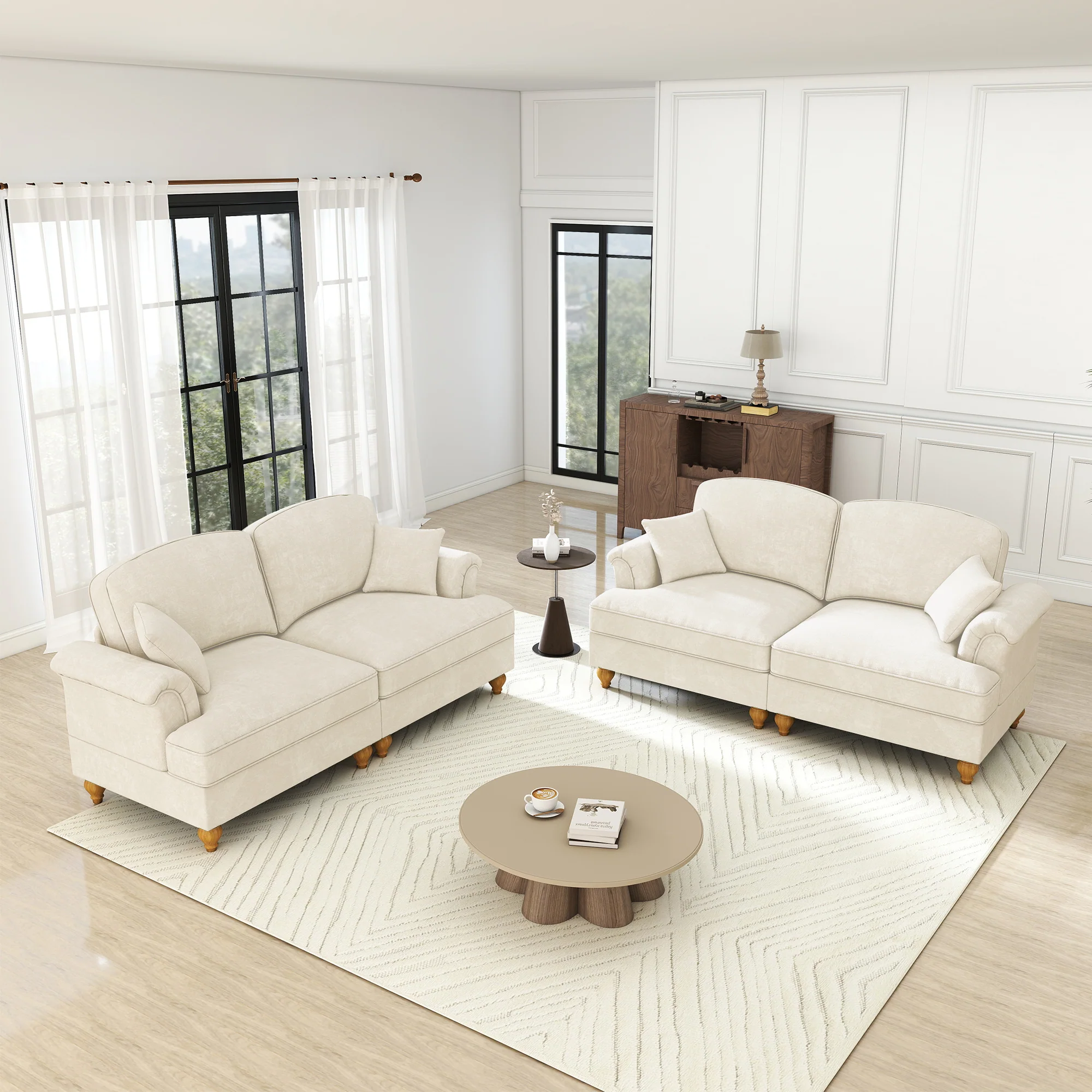 L-Shaped 2-Seater Sofa Mid-Century Chenille Movable Ottoman - White - Image 3