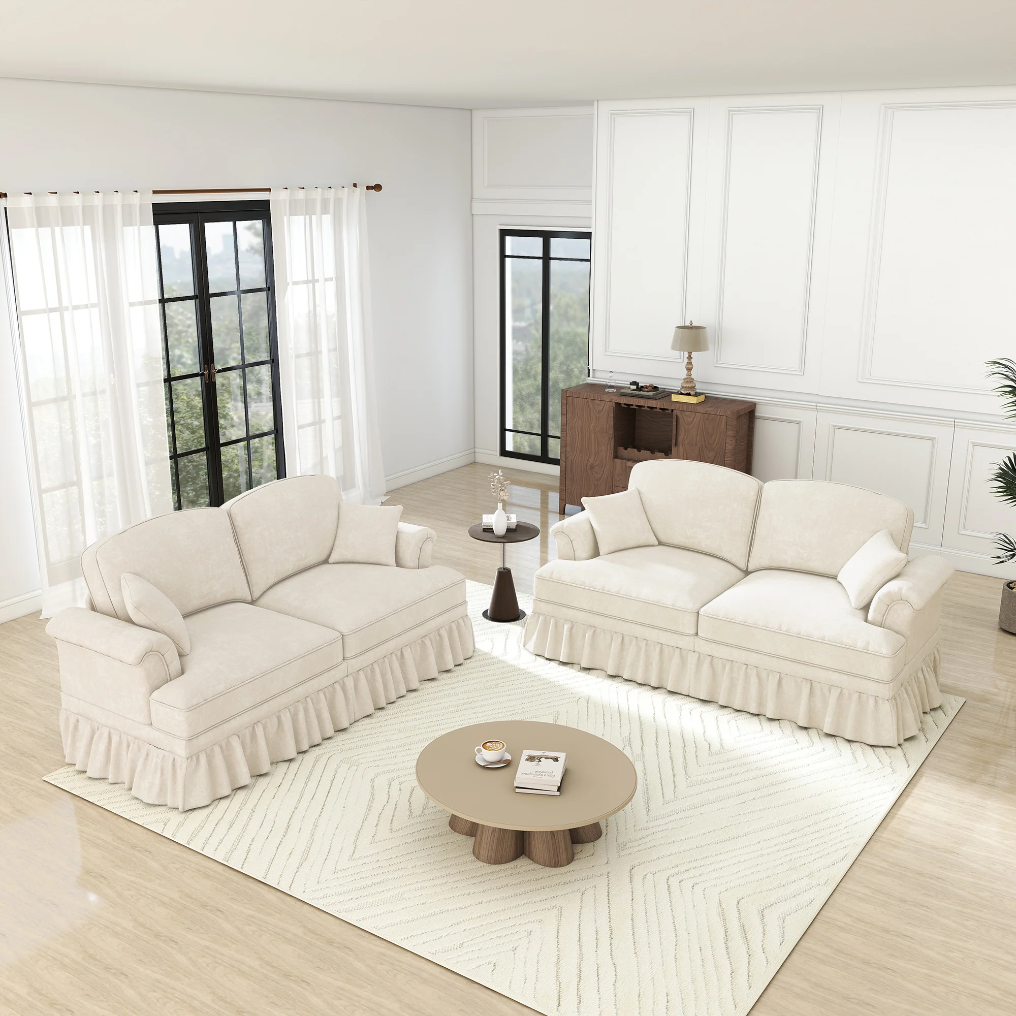 L-Shaped 2-Seater Sofa Mid-Century Chenille Movable Ottoman - White - Image 4