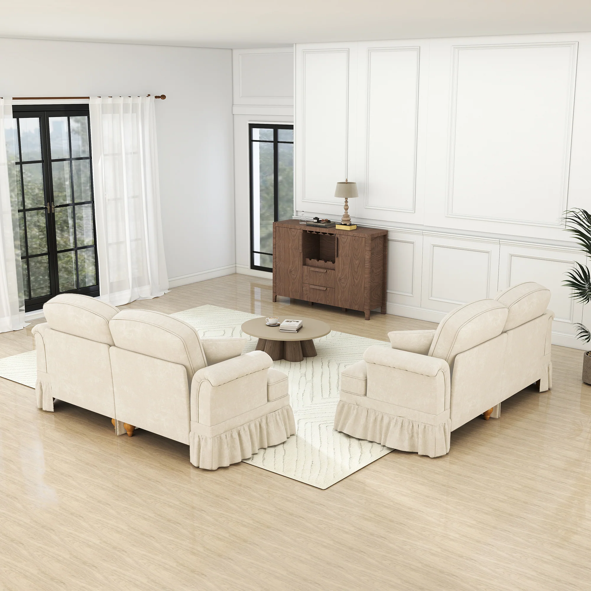 L-Shaped 2-Seater Sofa Mid-Century Chenille Movable Ottoman - White - Image 5