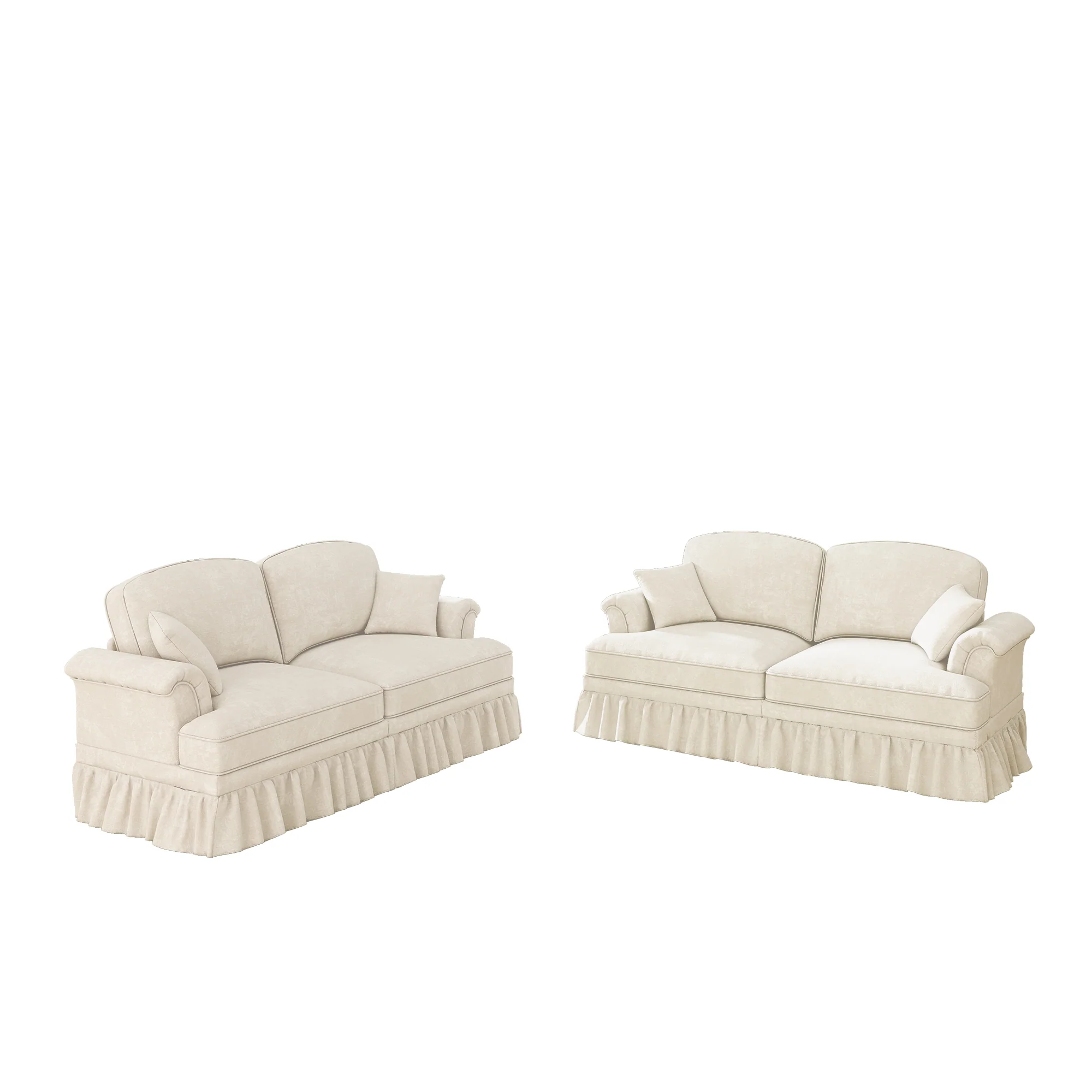L-Shaped 2-Seater Sofa Mid-Century Chenille Movable Ottoman - White - Image 7