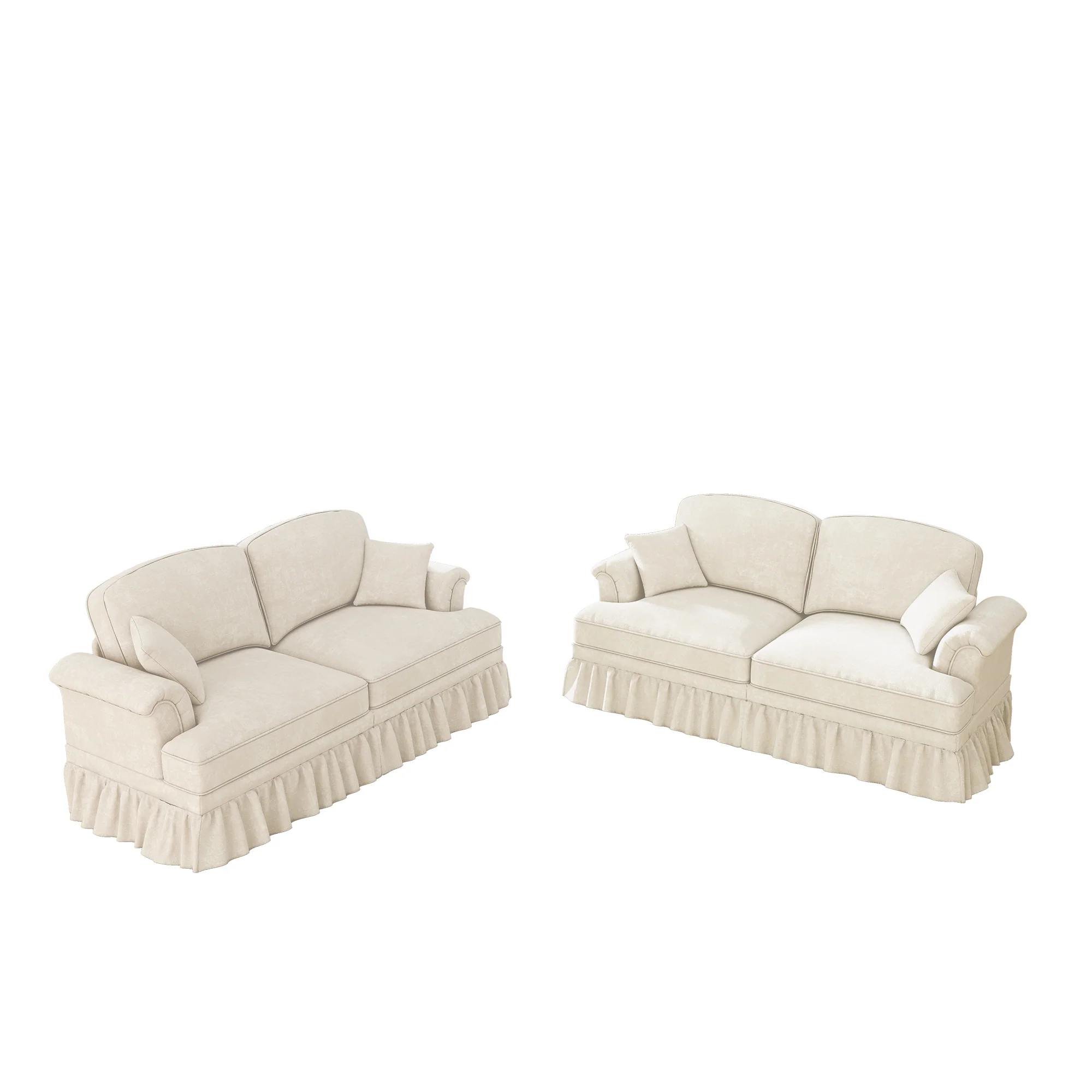 L-Shaped 2-Seater Sofa Mid-Century Chenille Movable Ottoman - White - Image 8