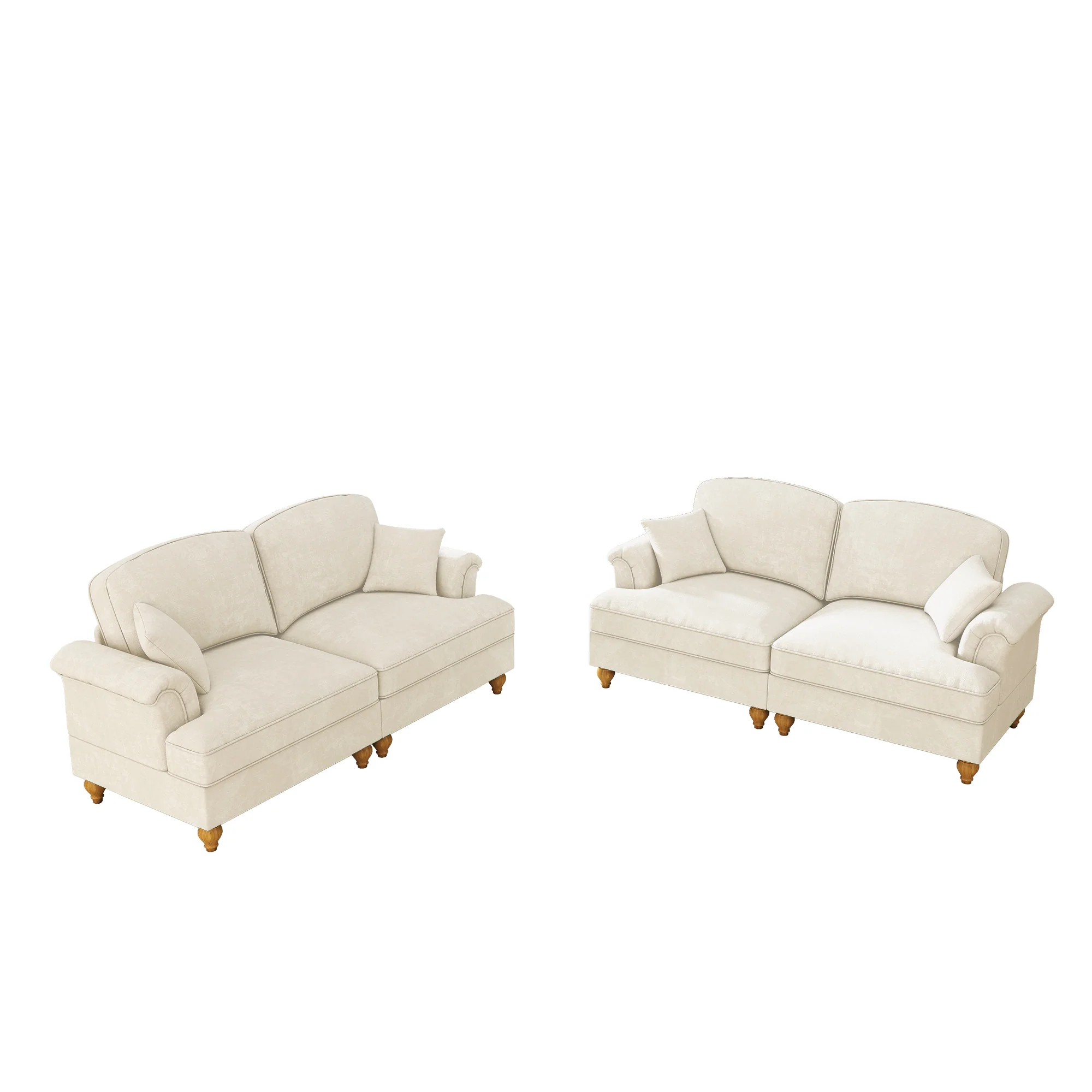 L-Shaped 2-Seater Sofa Mid-Century Chenille Movable Ottoman - White - Image 9