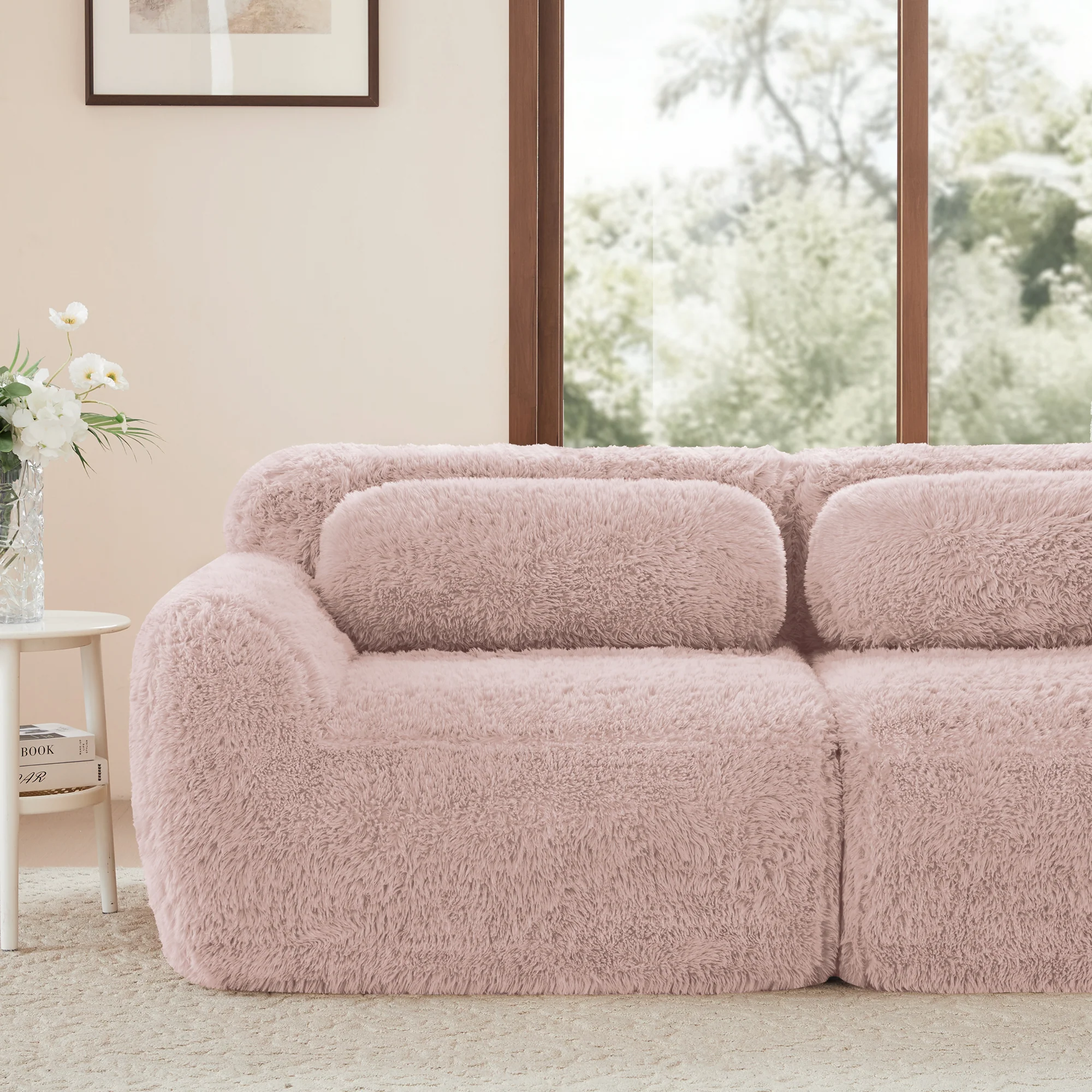 L-Shaped 2-Seater Sofa Modular Plush Fabric No Assembly - Pink - Image 10