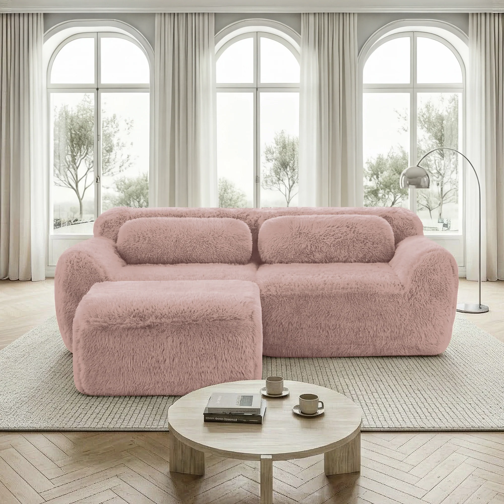 L-Shaped 2-Seater Sofa Modular Plush Fabric No Assembly - Pink - Image 2