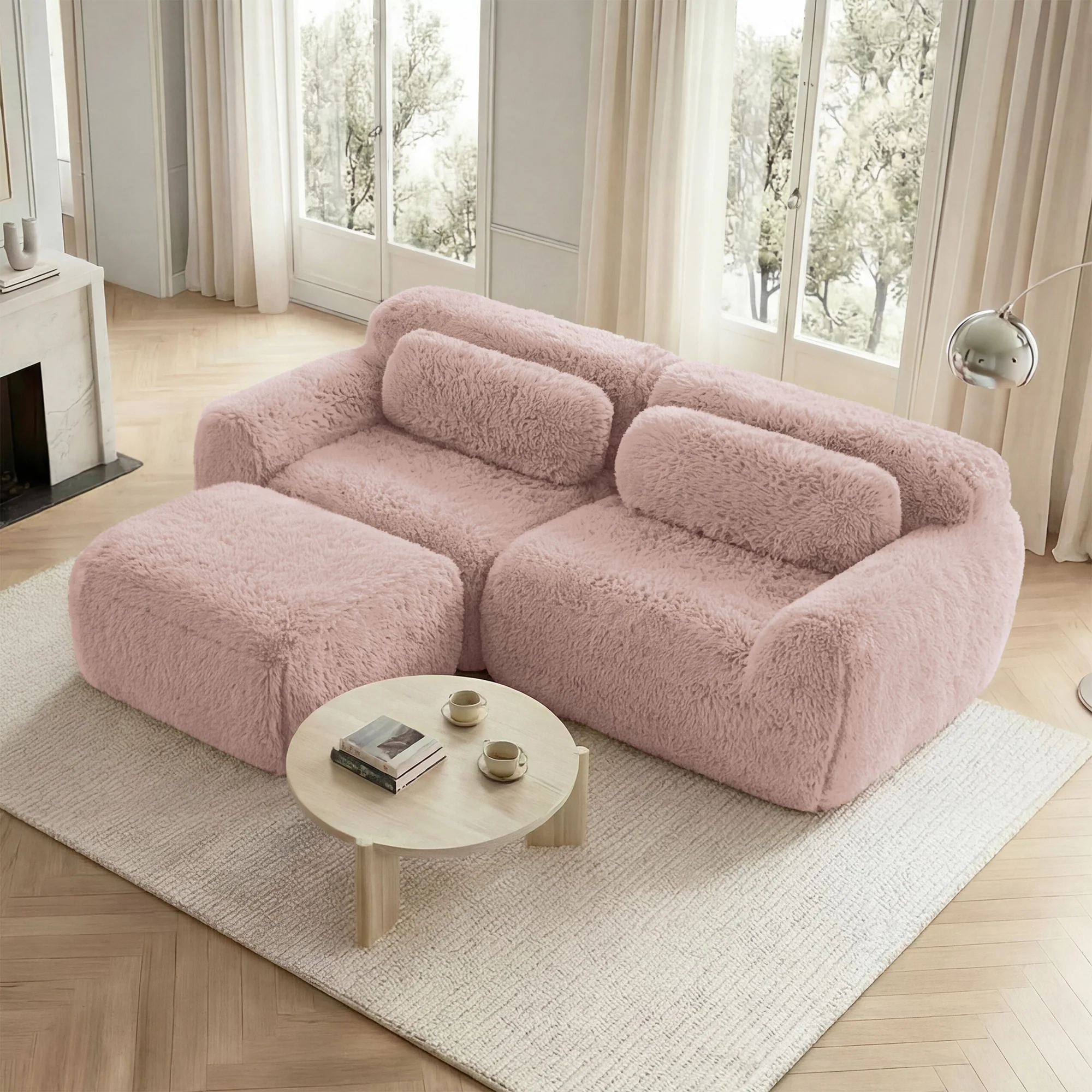 L-Shaped 2-Seater Sofa Modular Plush Fabric No Assembly - Pink - Image 3