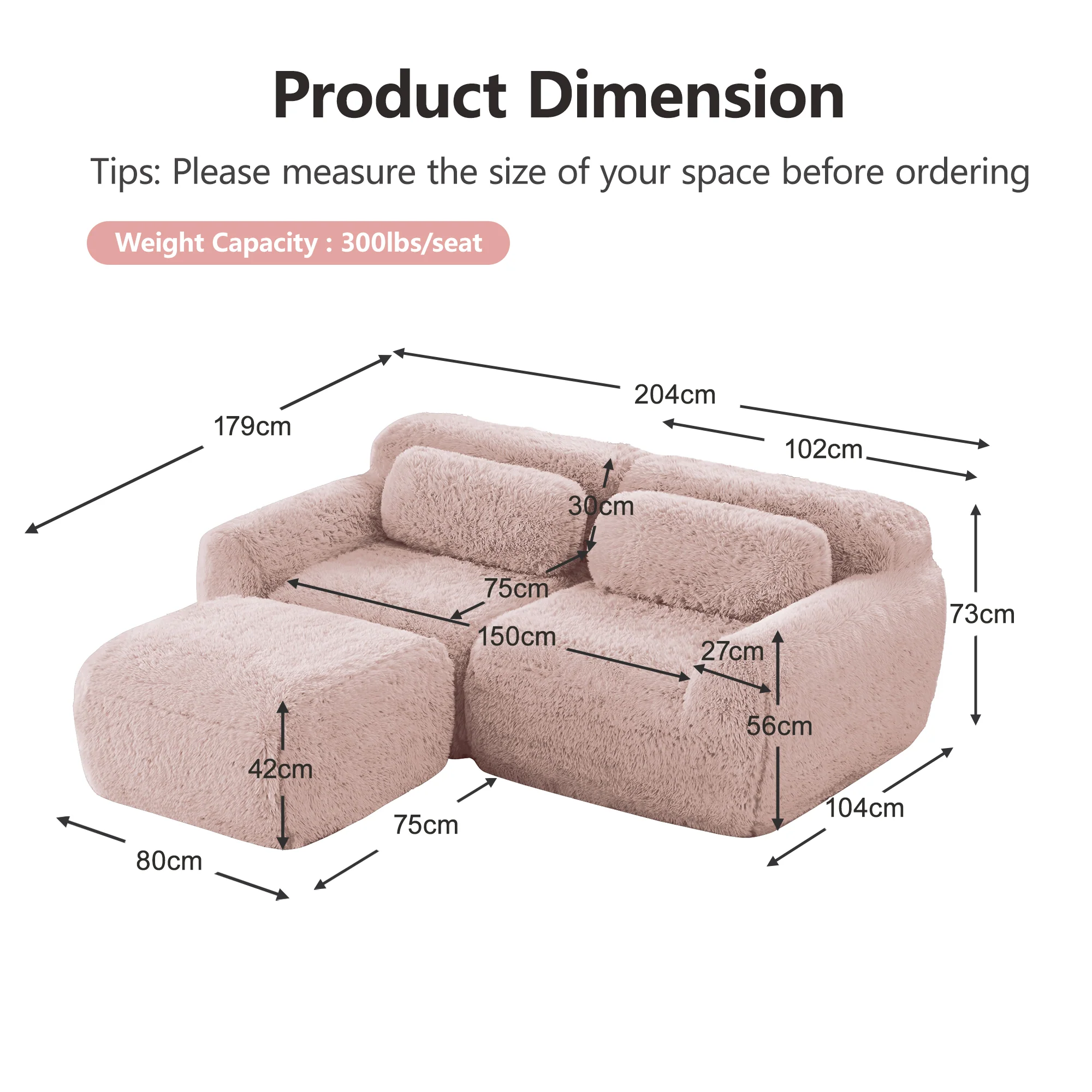 L-Shaped 2-Seater Sofa Modular Plush Fabric No Assembly - Pink - Image 7