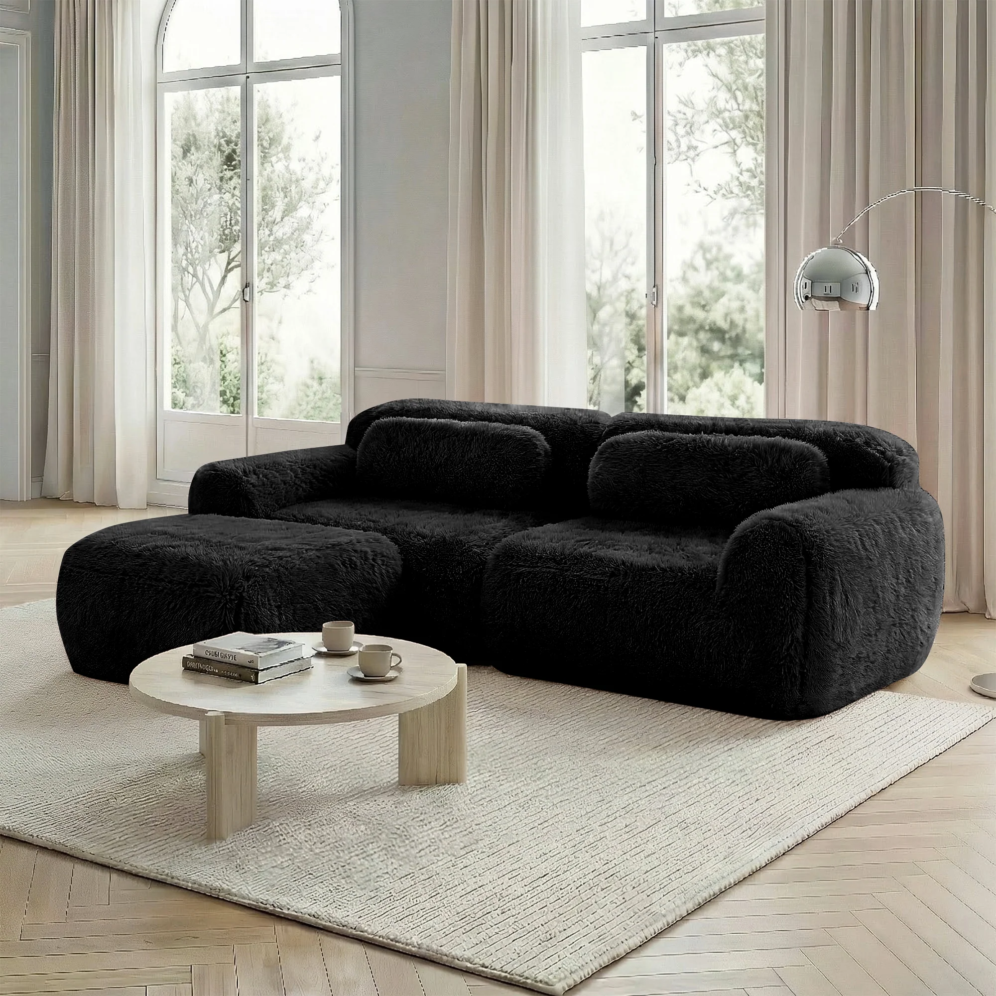 L-shaped 2-seater Sofa Modular Plush Fabric with Cushions - Black