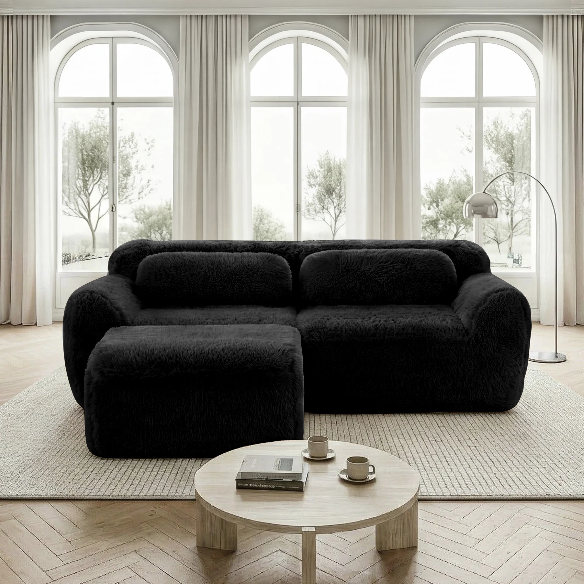 L-shaped 2-seater Sofa Modular Plush Fabric with Cushions - Black - Image 2