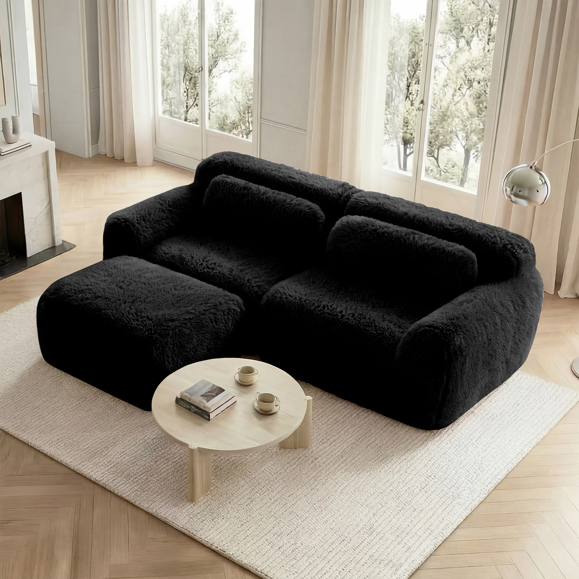 L-shaped 2-seater Sofa Modular Plush Fabric with Cushions - Black - Image 3