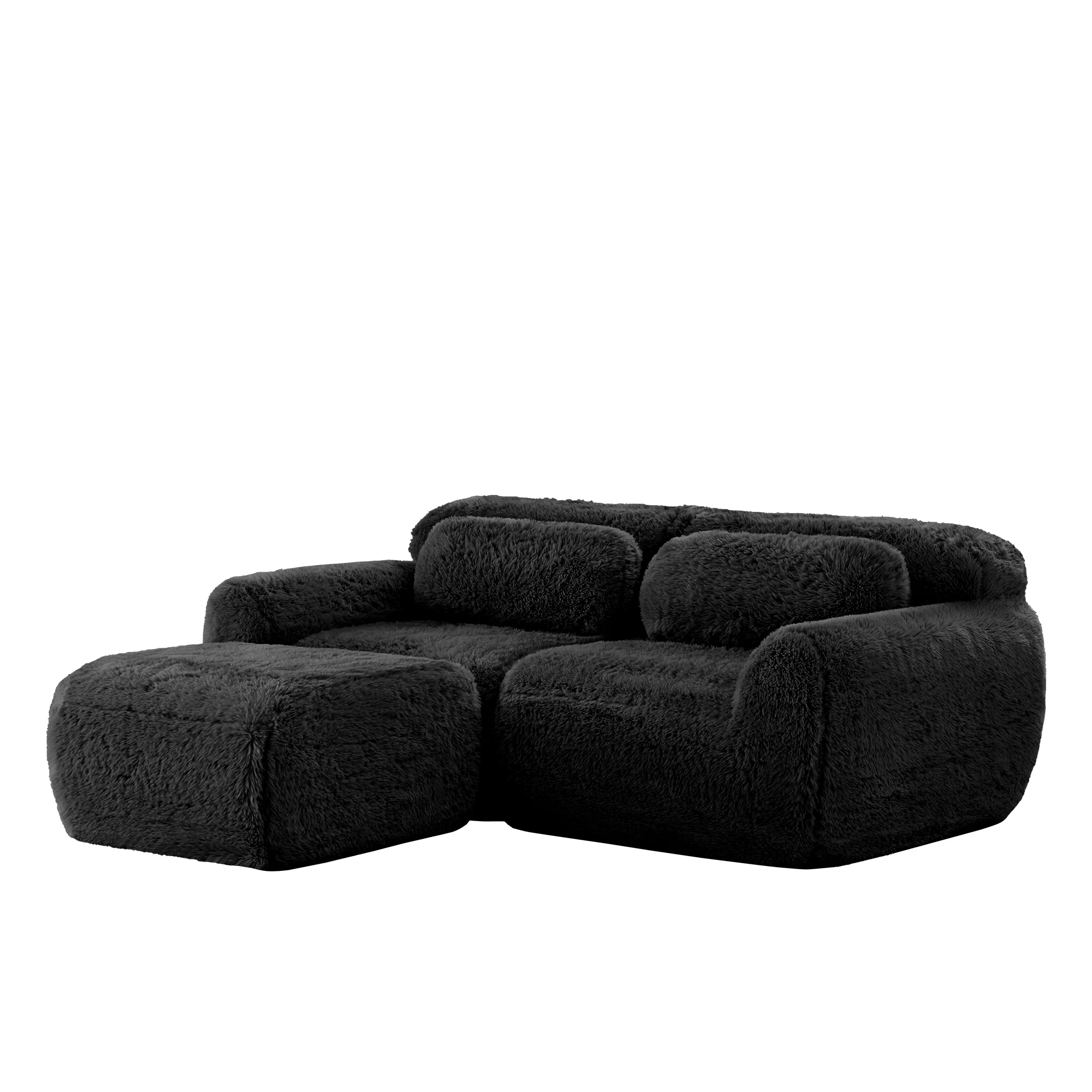 L-shaped 2-seater Sofa Modular Plush Fabric with Cushions - Black - Image 4