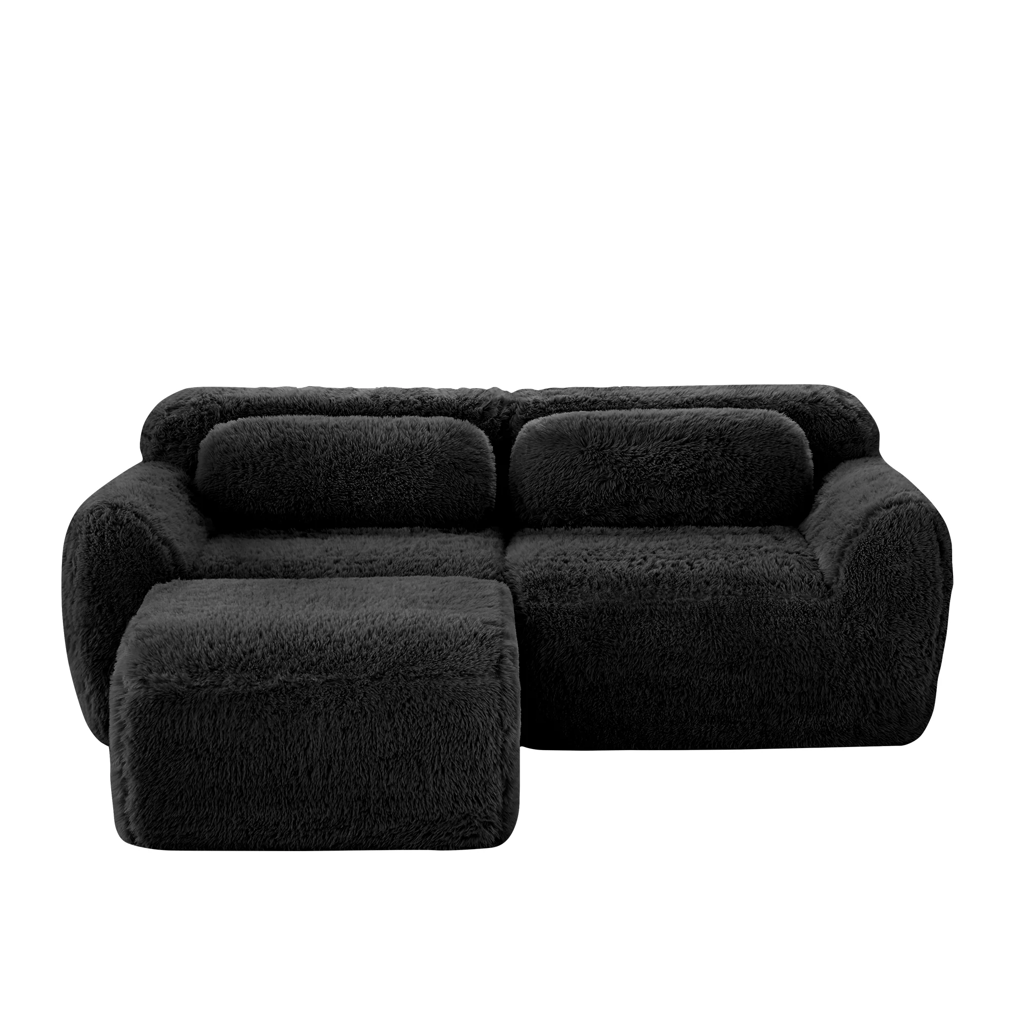 L-shaped 2-seater Sofa Modular Plush Fabric with Cushions - Black - Image 5