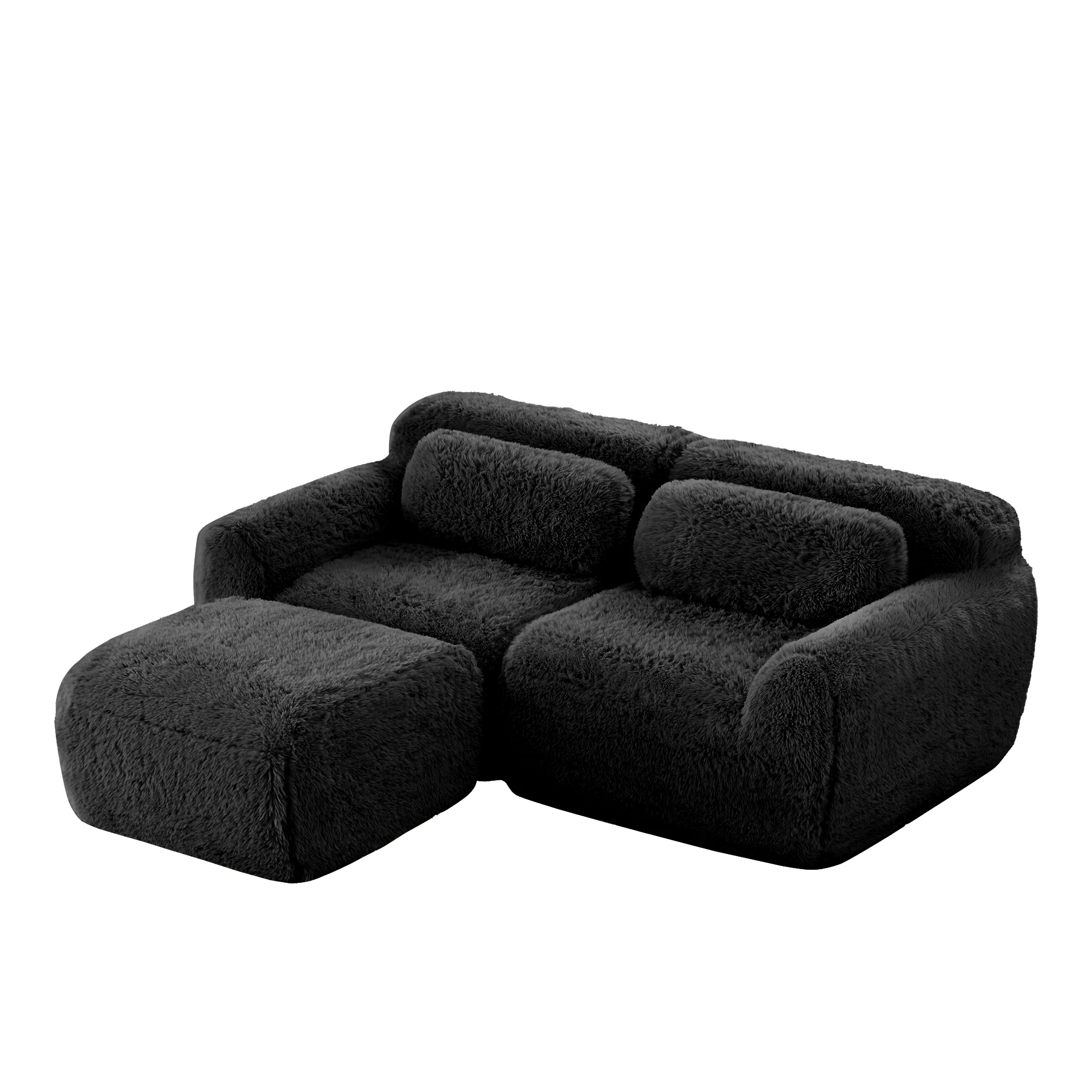 L-shaped 2-seater Sofa Modular Plush Fabric with Cushions - Black - Image 6