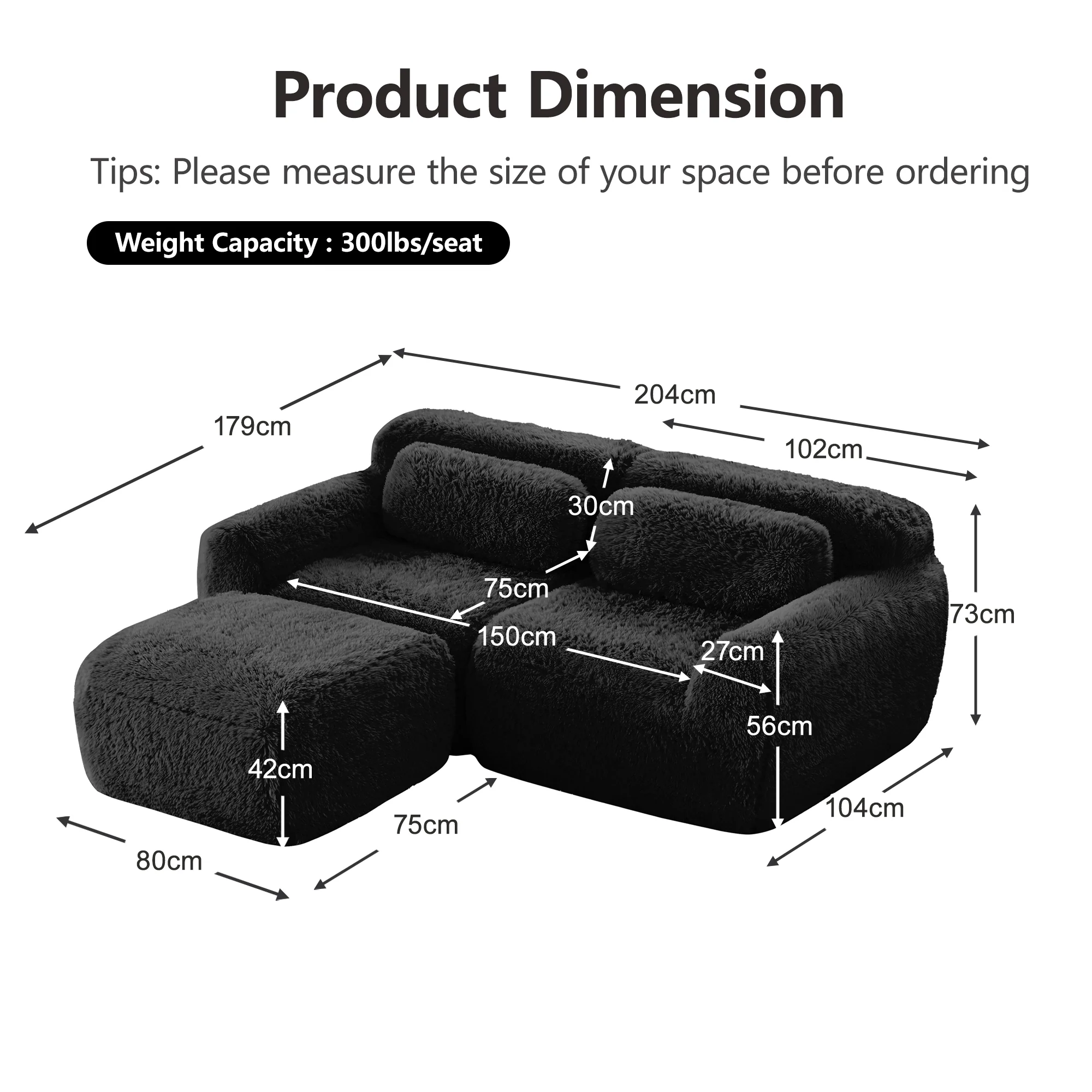 L-shaped 2-seater Sofa Modular Plush Fabric with Cushions - Black - Image 7