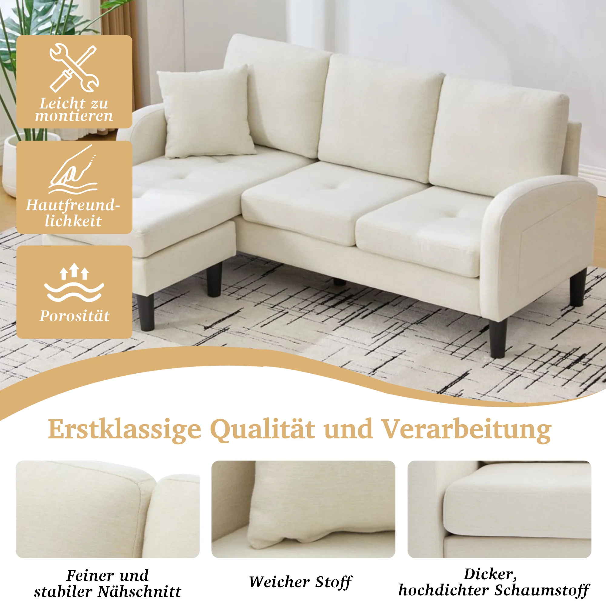 L-Shaped Corner Sofa 3-Seater Chaise Lounge Modular - Cotton-Linen - Image 3