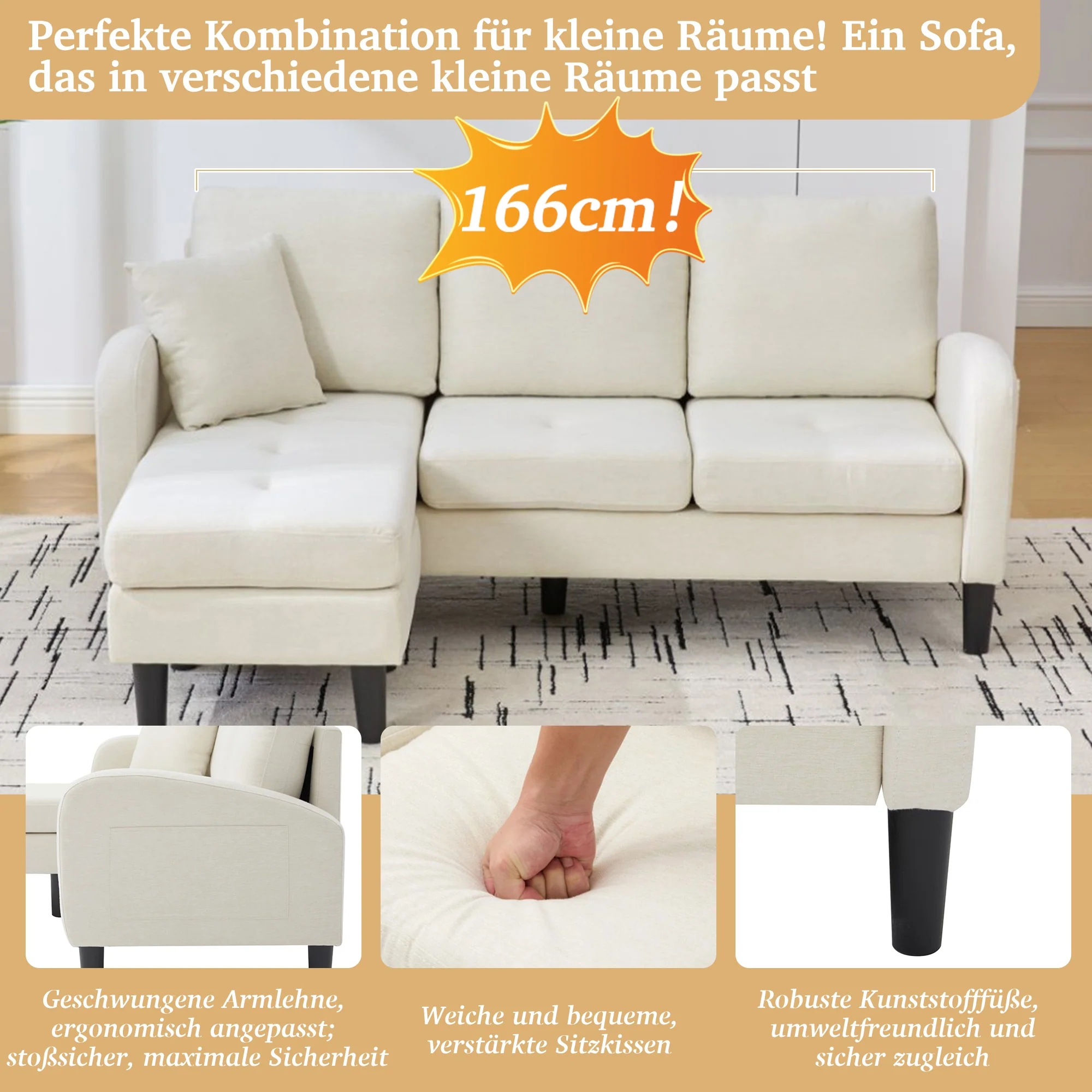 L-Shaped Corner Sofa 3-Seater Chaise Lounge Modular - Cotton-Linen - Image 4