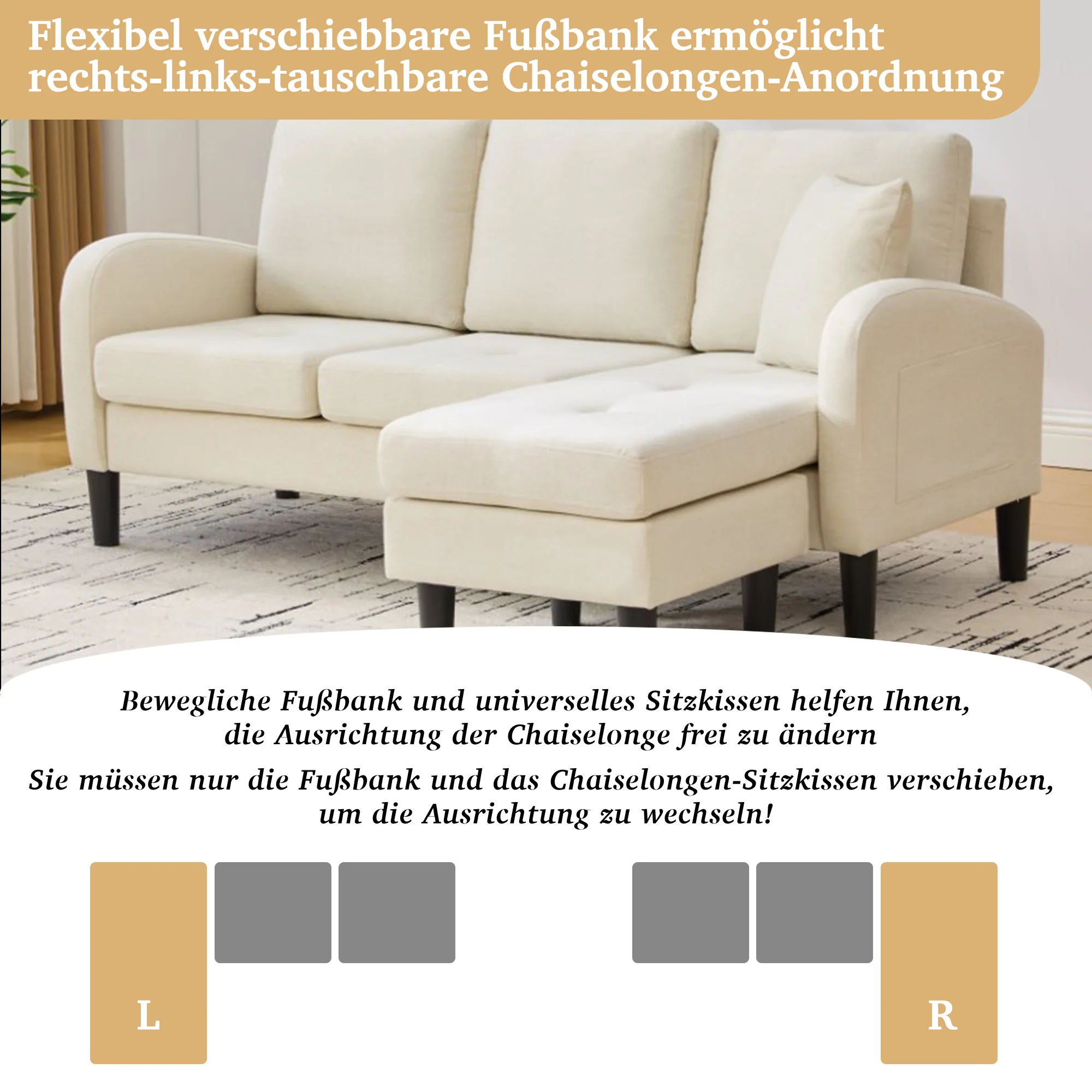 L-Shaped Corner Sofa 3-Seater Chaise Lounge Modular - Cotton-Linen - Image 8
