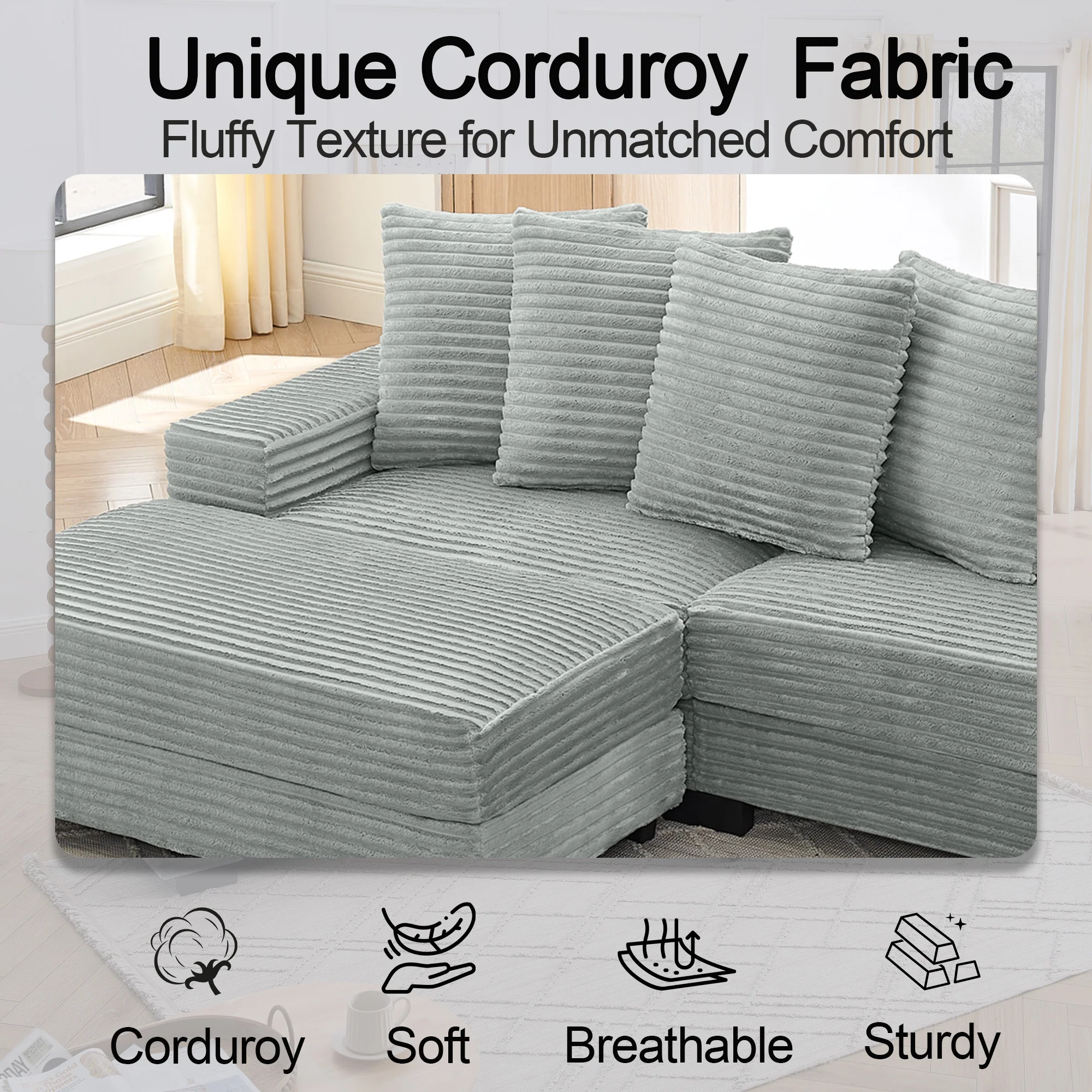 L-shaped Corner Sofa 4-Seater Modular Corduroy with 6 Cushions - Gray - Image 9