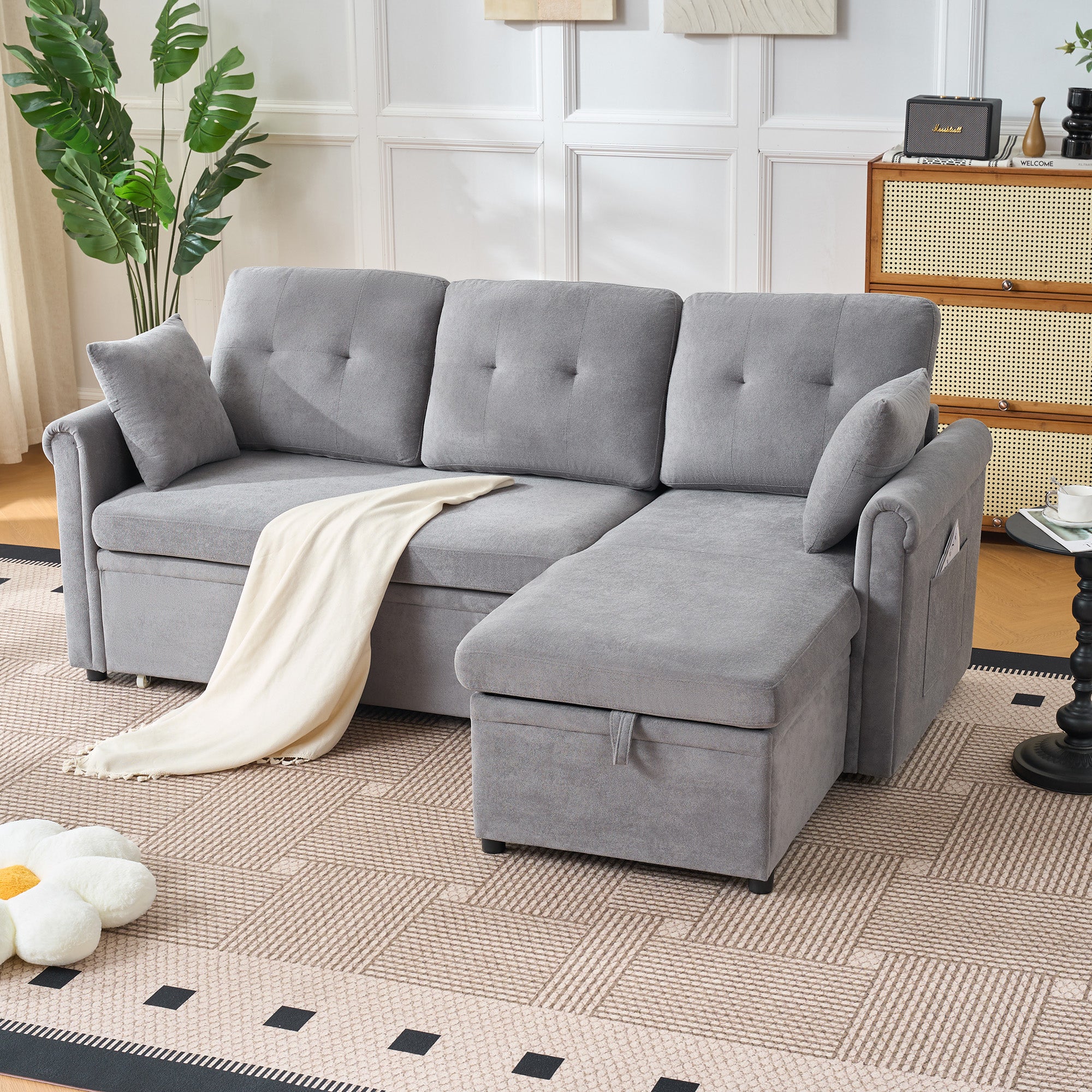 L-Shaped Corner Sofa Bed with Storage, Sleeping Function, Reversible, Chenille Grey - Image 4