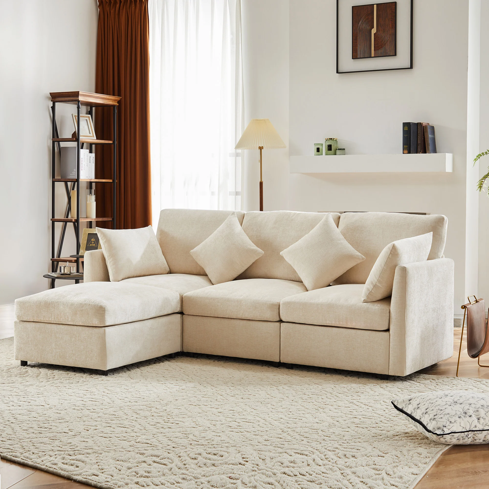 L-Shaped Corner Sofa Modern 3-Seater 4-Seater Footstool - Chenille Fabric - Image 2