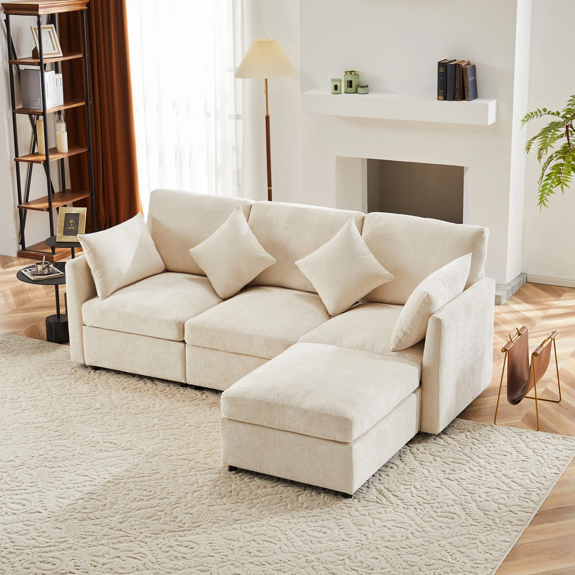 L-Shaped Corner Sofa Modern 3-Seater 4-Seater Footstool - Chenille Fabric - Image 3