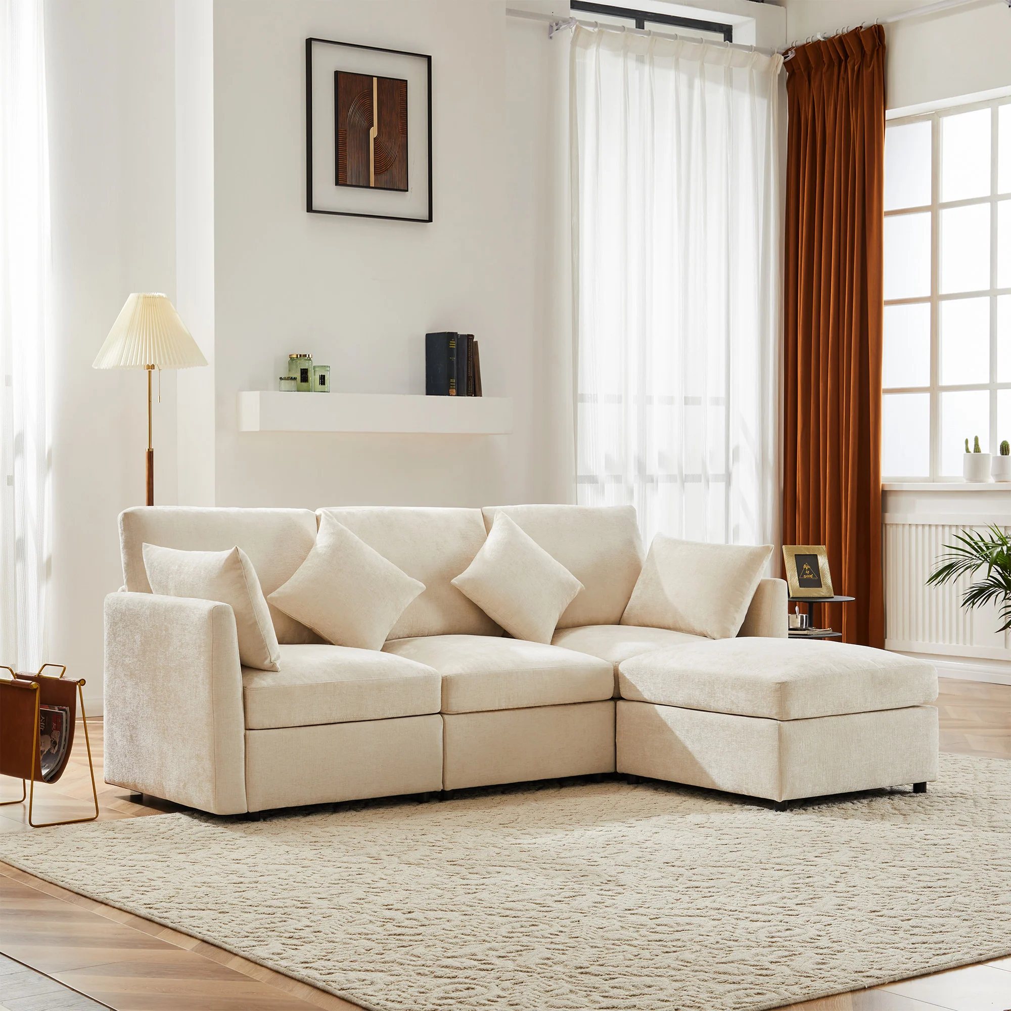L-Shaped Corner Sofa Modern 3-Seater 4-Seater Footstool - Chenille Fabric - Image 4
