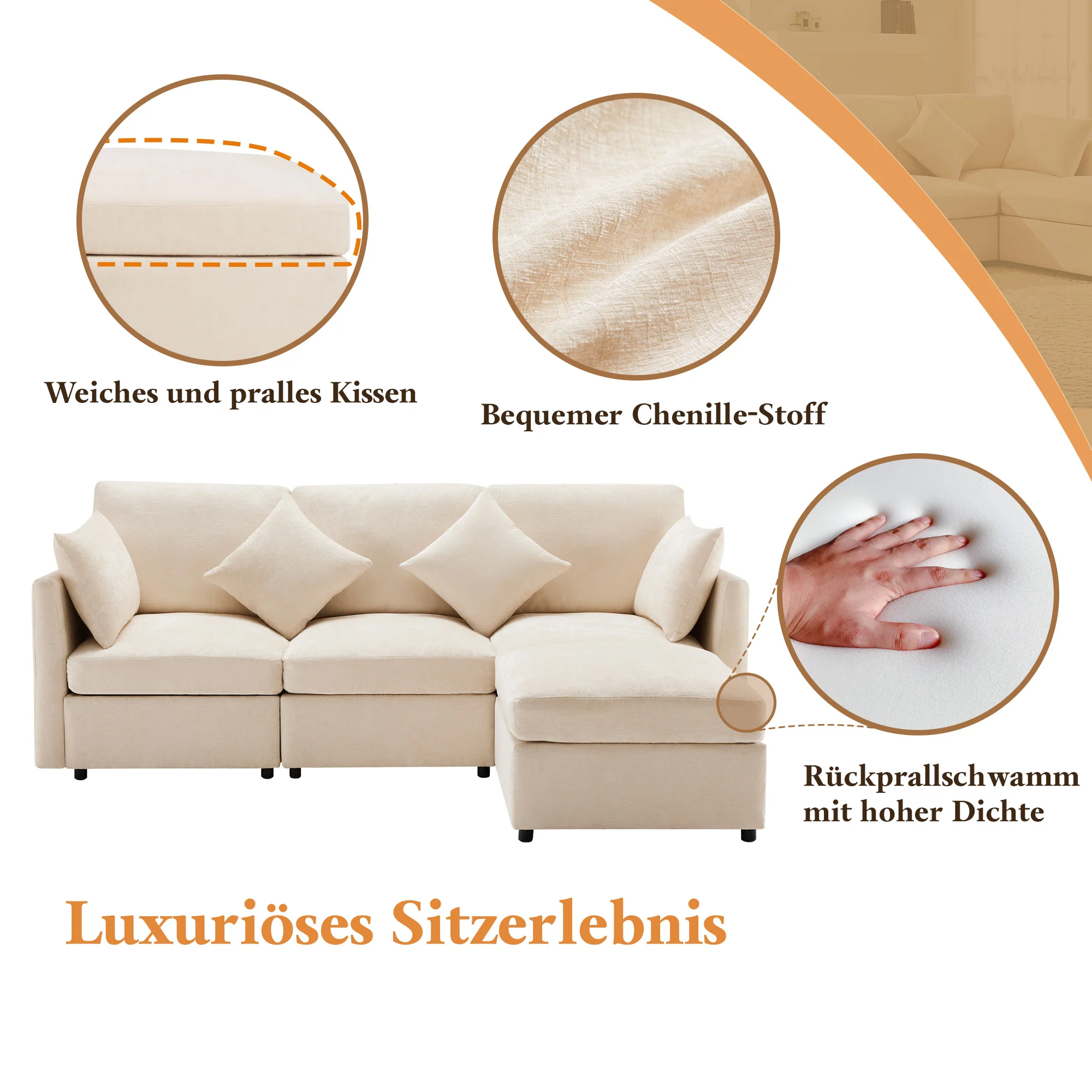 L-Shaped Corner Sofa Modern 3-Seater 4-Seater Footstool - Chenille Fabric - Image 8