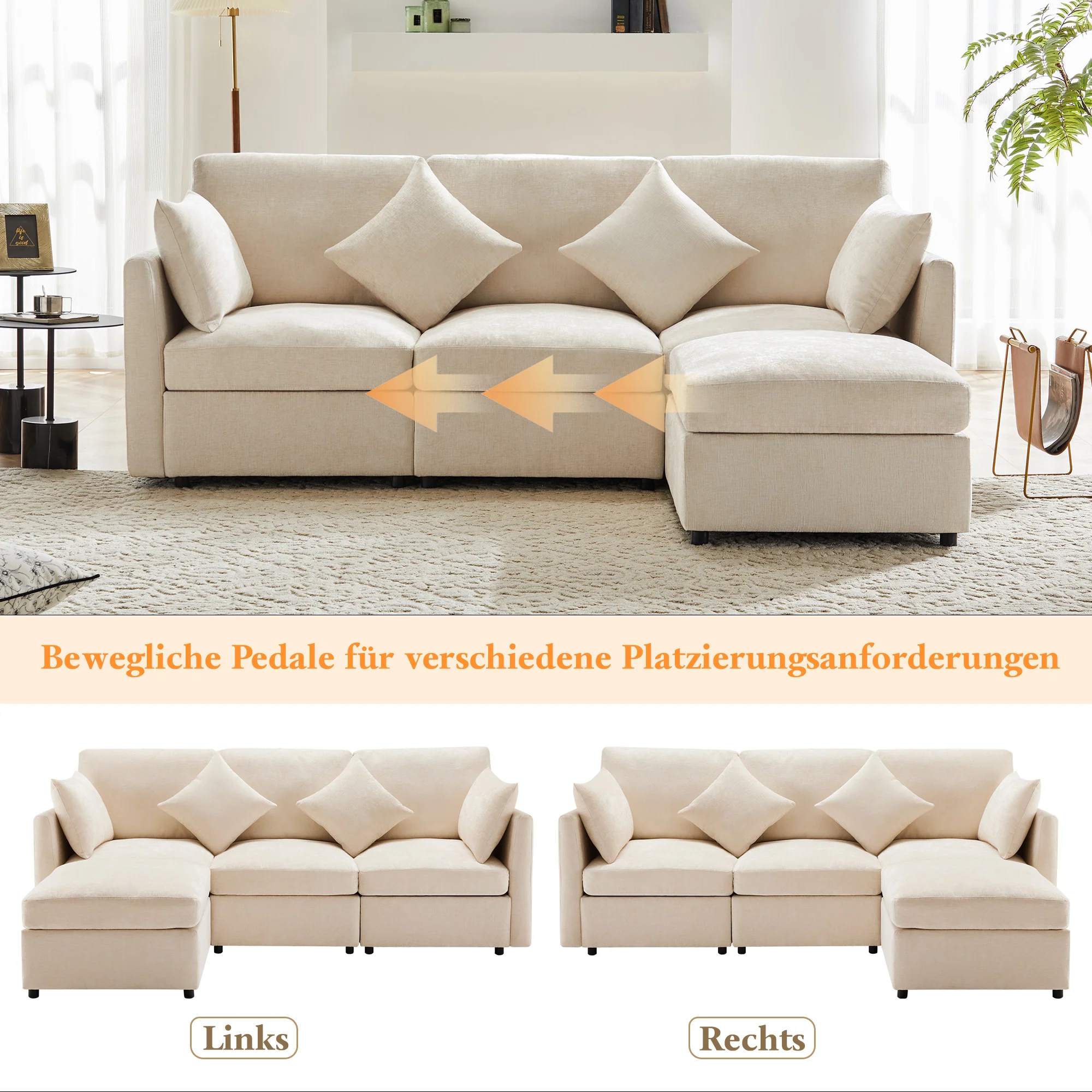 L-Shaped Corner Sofa Modern 3-Seater 4-Seater Footstool - Chenille Fabric - Image 9