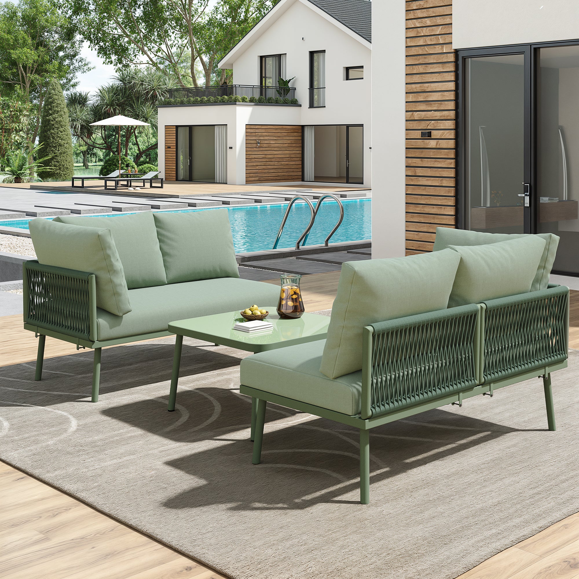 L-shaped Garden Lounge Set 3-Piece Iron Frame with Seat Cushions Green Rope - Image 2