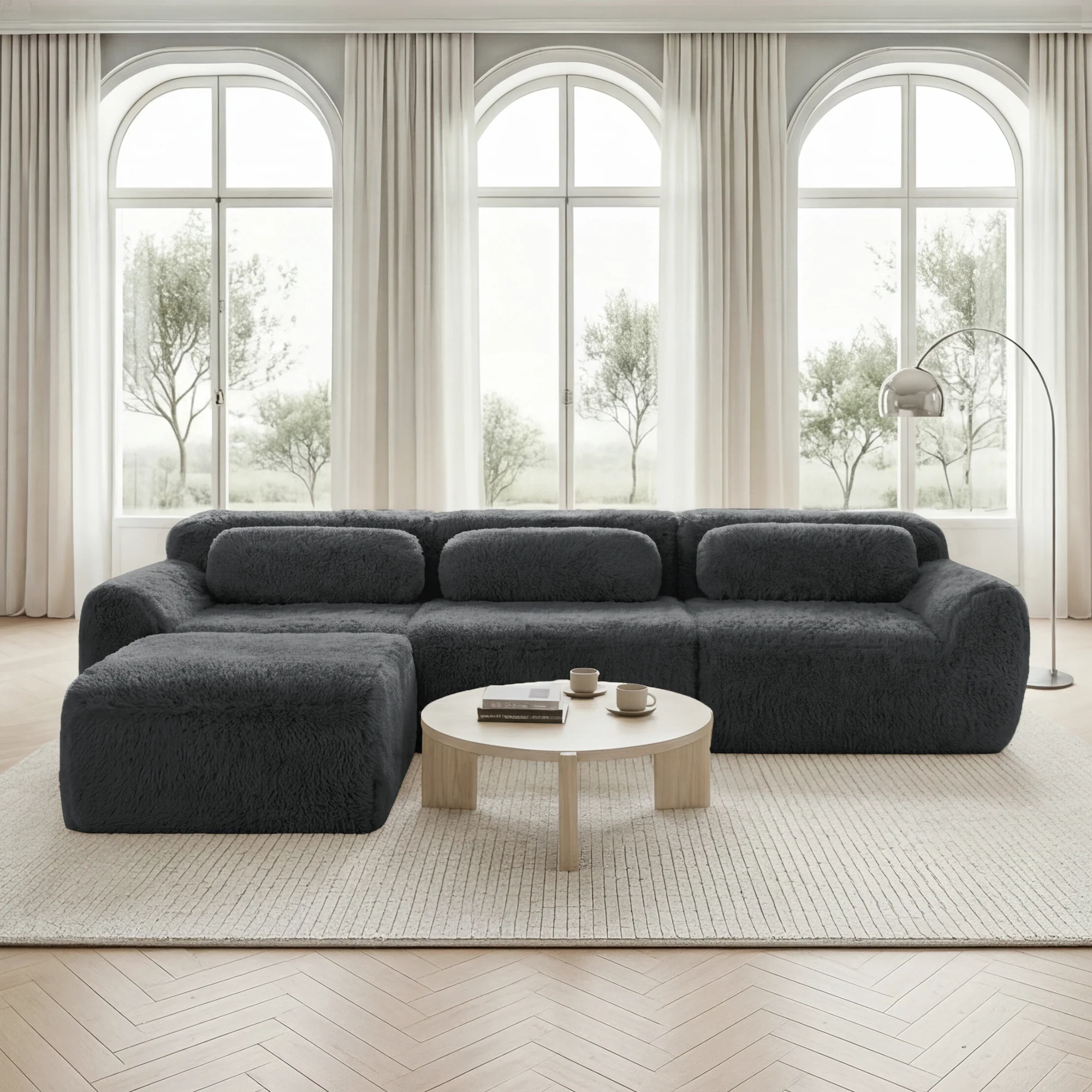 L-shaped Modular Sofa Frameless Deep No Assembly - Plush Fabric Grey - Image 2