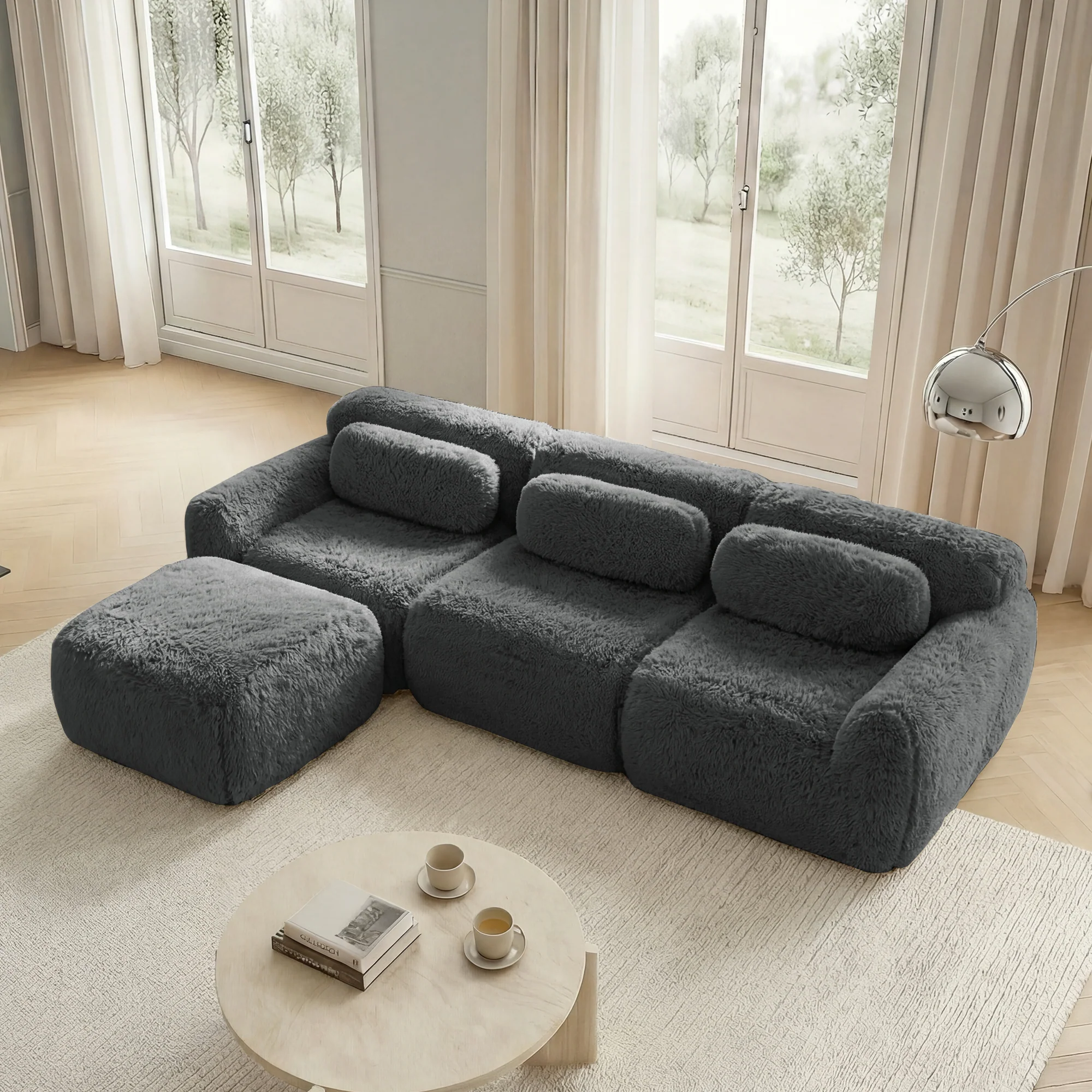 L-shaped Modular Sofa Frameless Deep No Assembly - Plush Fabric Grey - Image 3