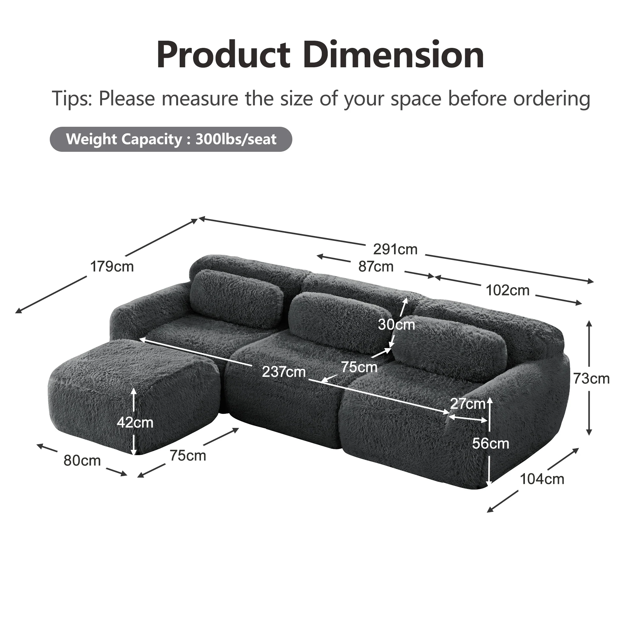 L-shaped Modular Sofa Frameless Deep No Assembly - Plush Fabric Grey - Image 7