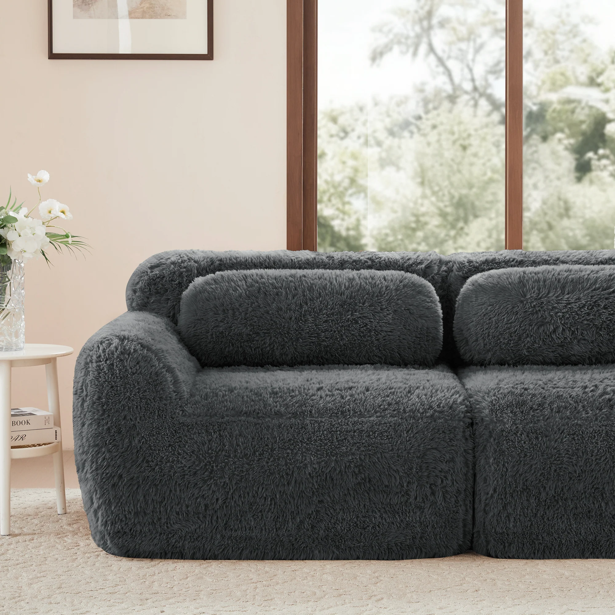 L-shaped Modular Sofa Frameless Deep No Assembly - Plush Fabric Grey - Image 9