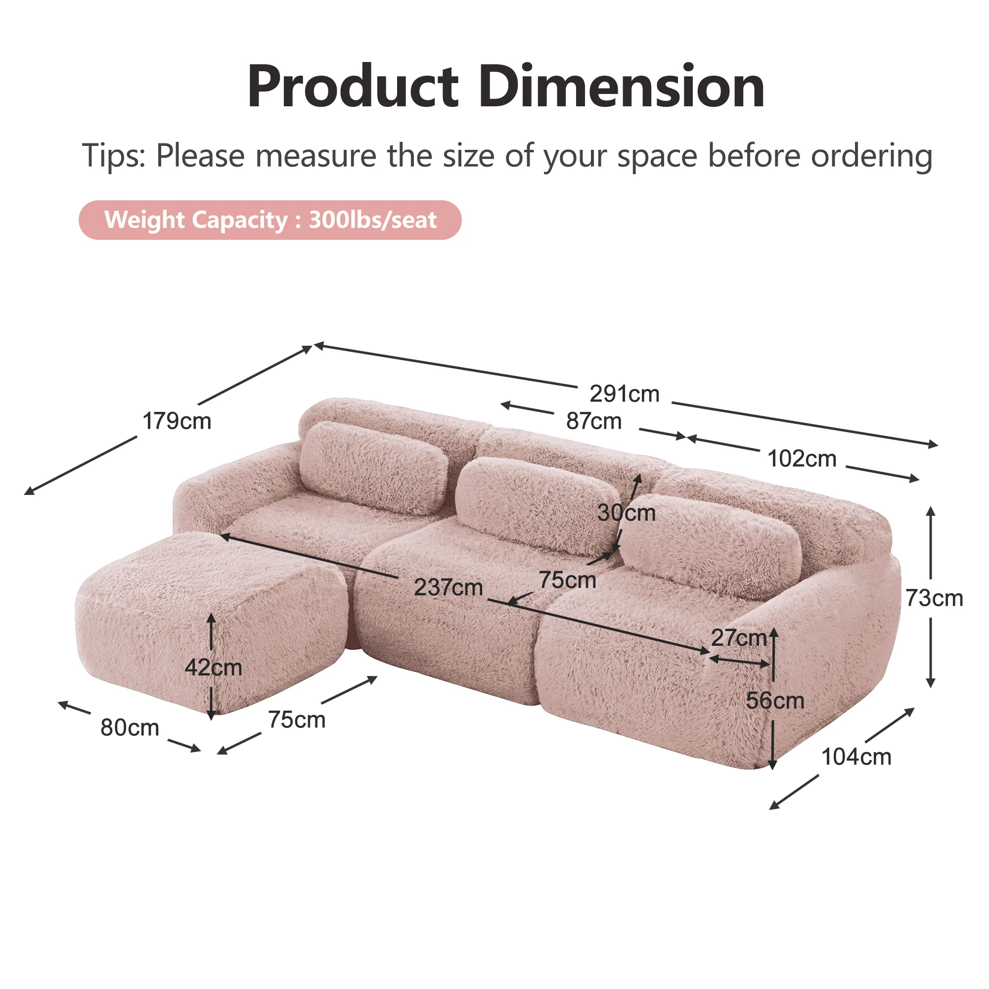 L-shaped Modular Sofa - Frameless Deep Plush - Pink - Image 7