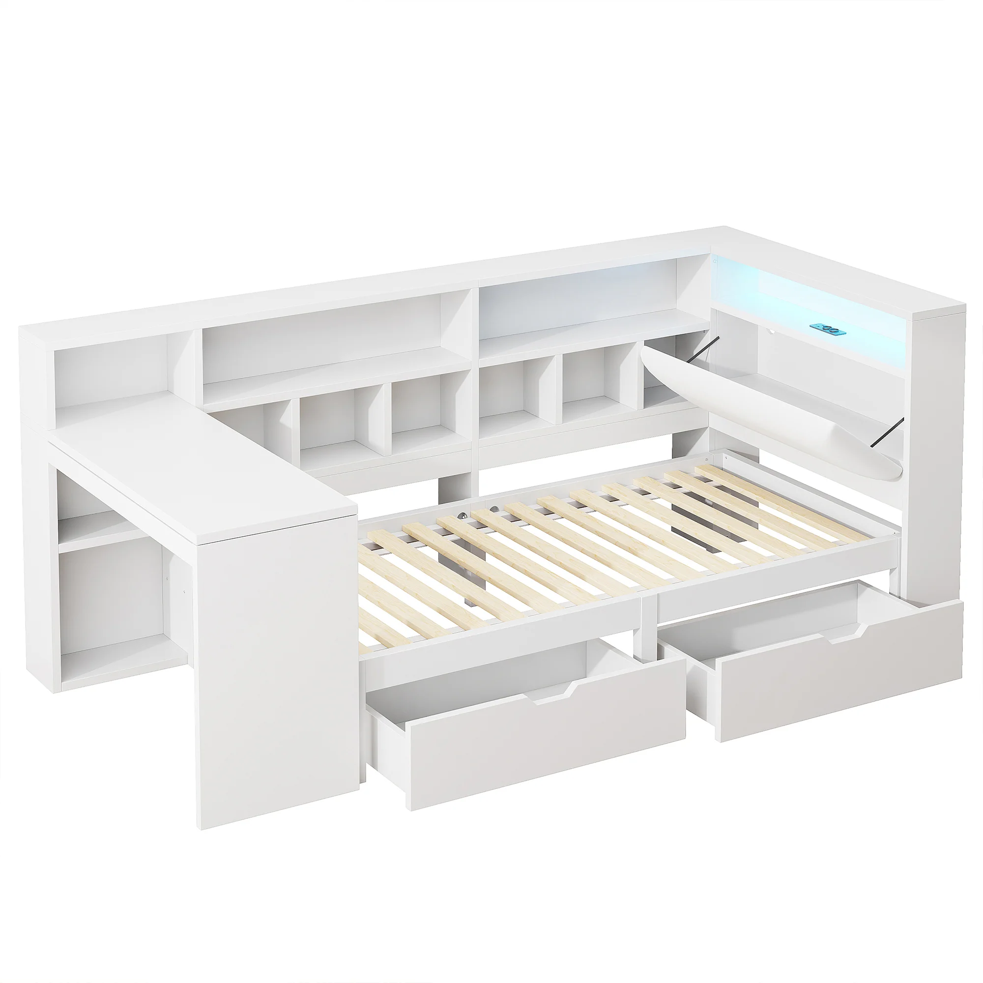 L-Shaped Platform Bed 90x200 Desk Bookshelf Drawers LED - White - Image 10