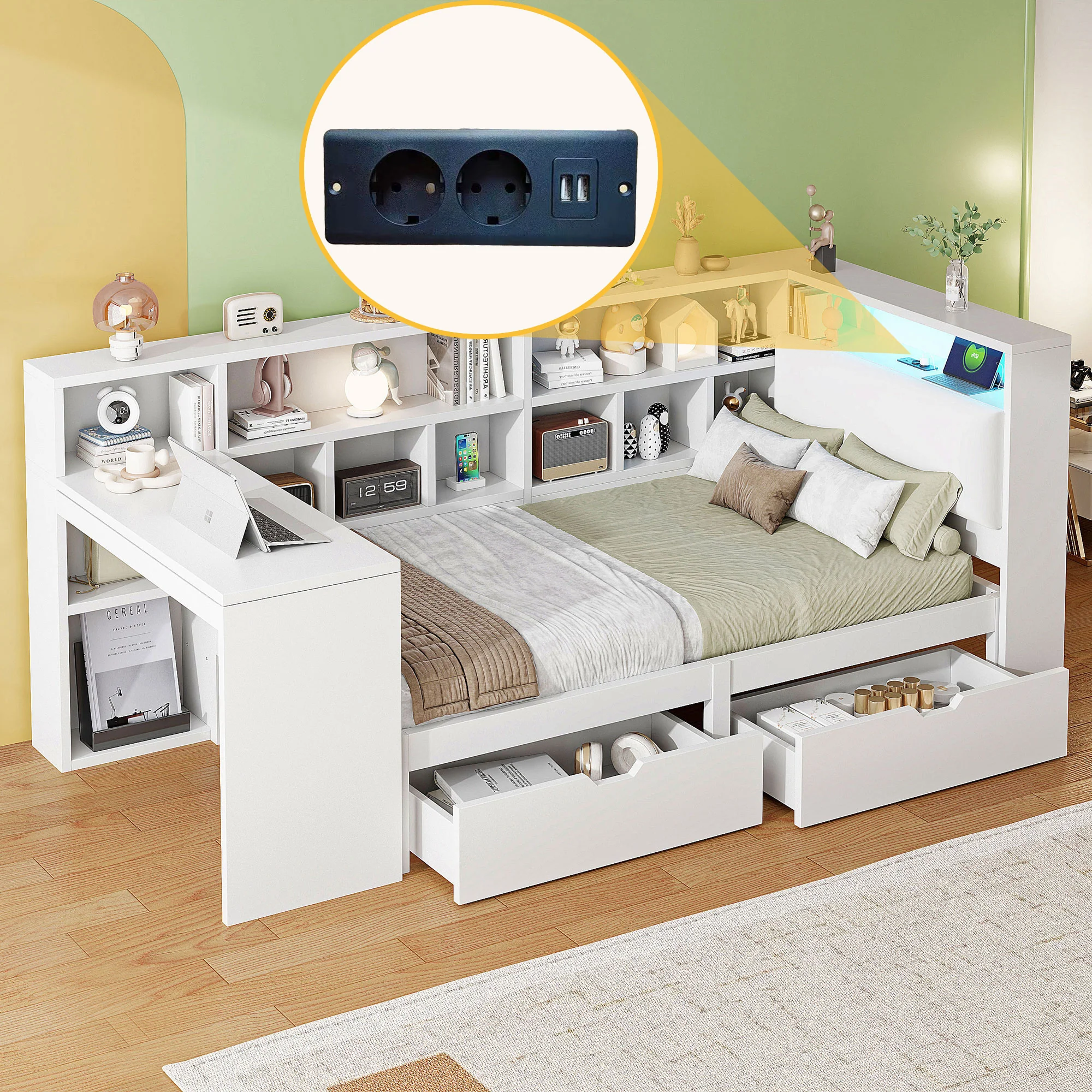 L-Shaped Platform Bed 90x200 Desk Bookshelf Drawers LED - White - Image 2