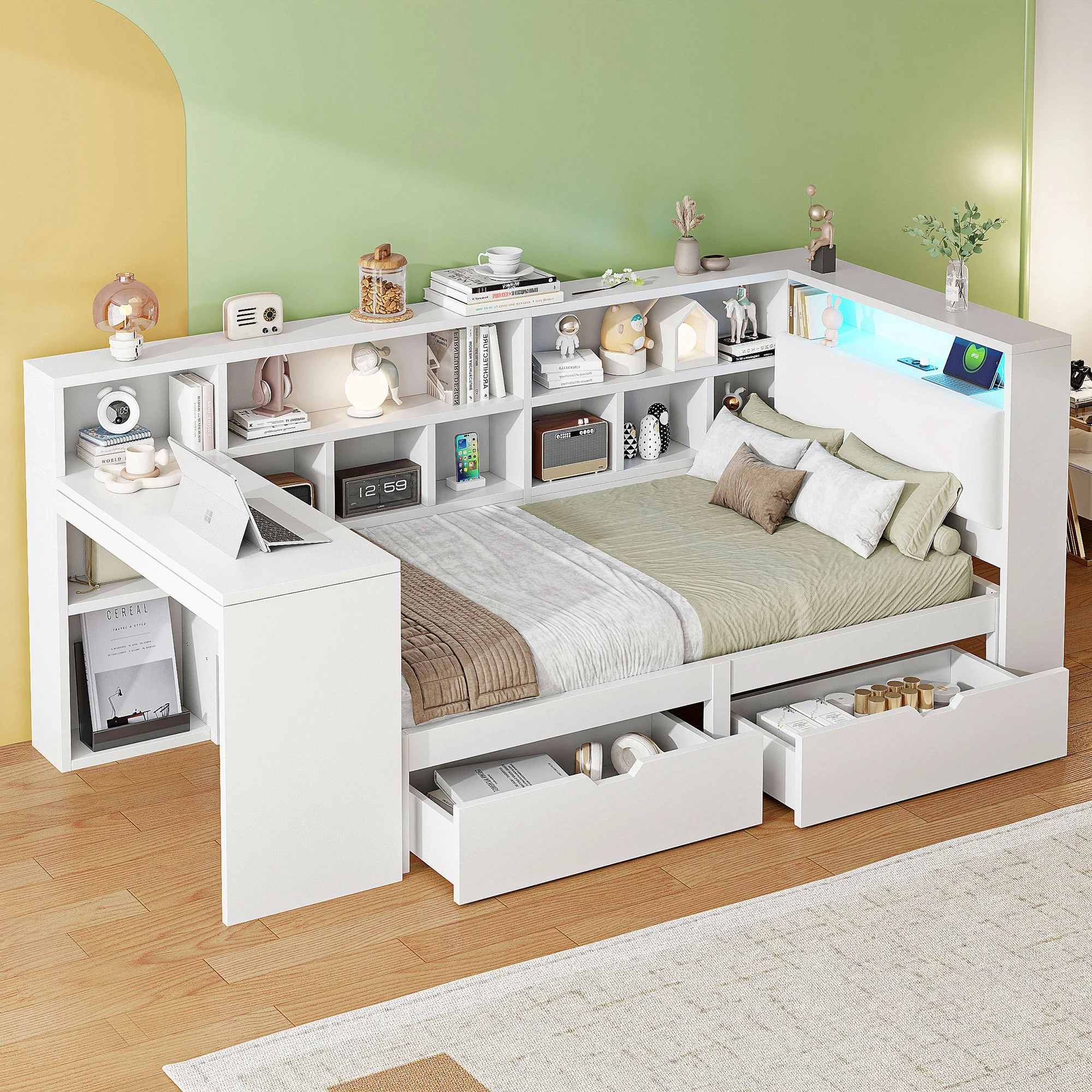 L-Shaped Platform Bed 90x200 Desk Bookshelf Drawers LED - White - Image 4