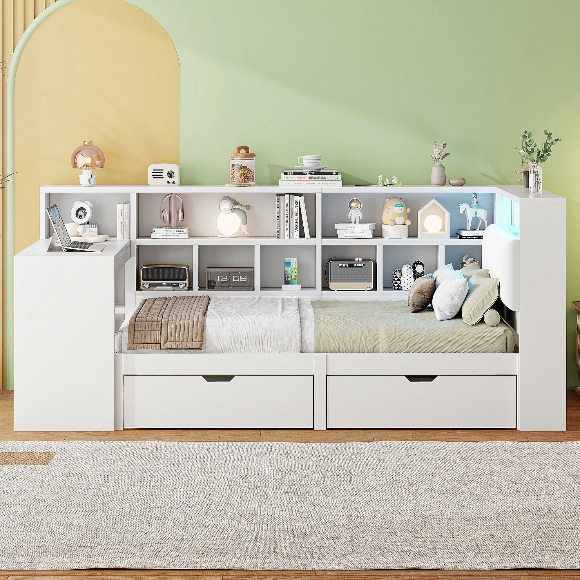 L-Shaped Platform Bed 90x200 Desk Bookshelf Drawers LED - White - Image 5