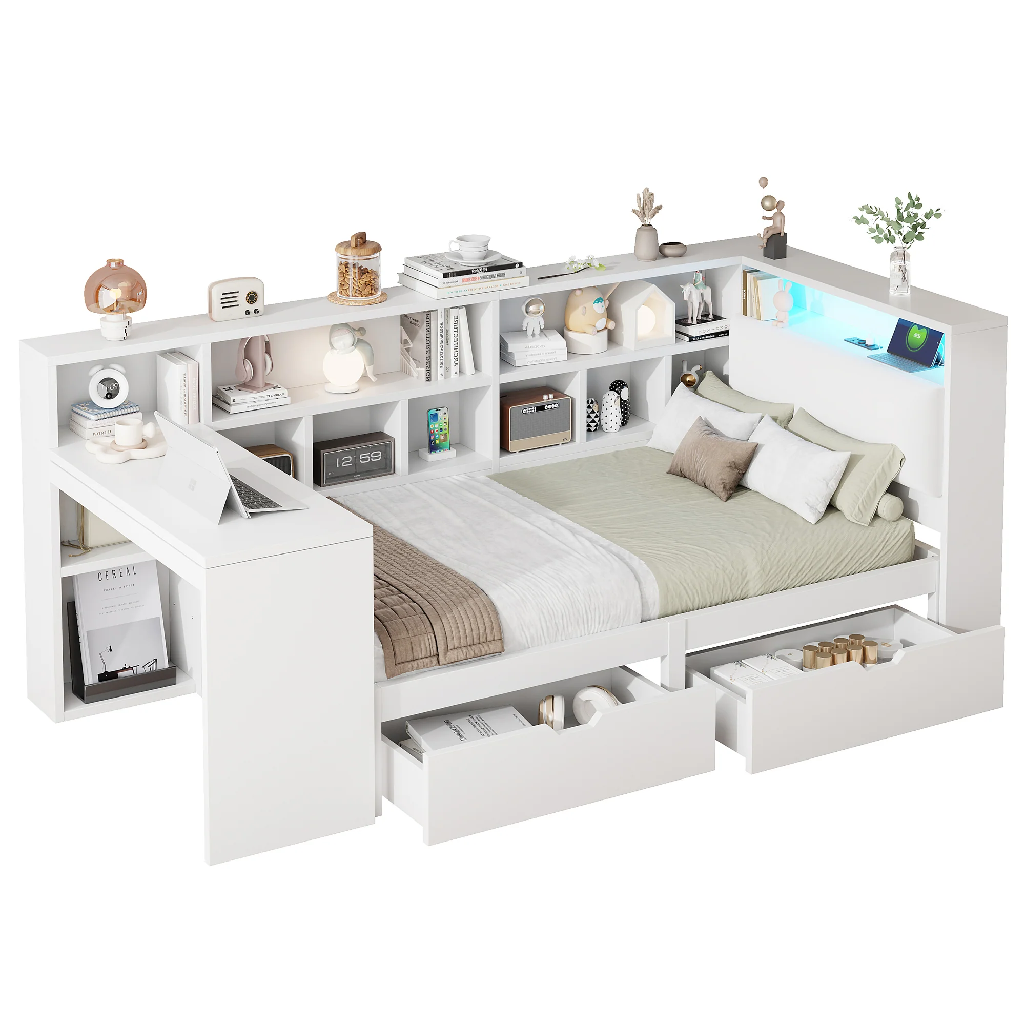 L-Shaped Platform Bed 90x200 Desk Bookshelf Drawers LED - White - Image 6